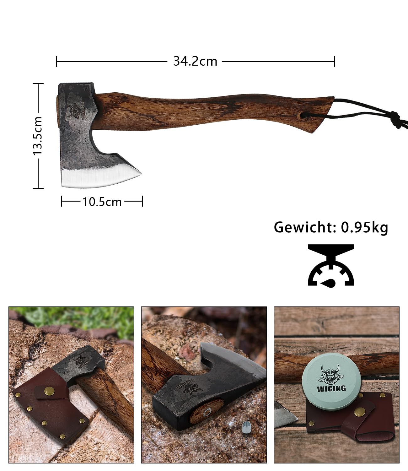 34,2 cm Beil, Campingaxt und Beil aus Manganstahl 1065 mit Buchenholzgriff und Lederscheide