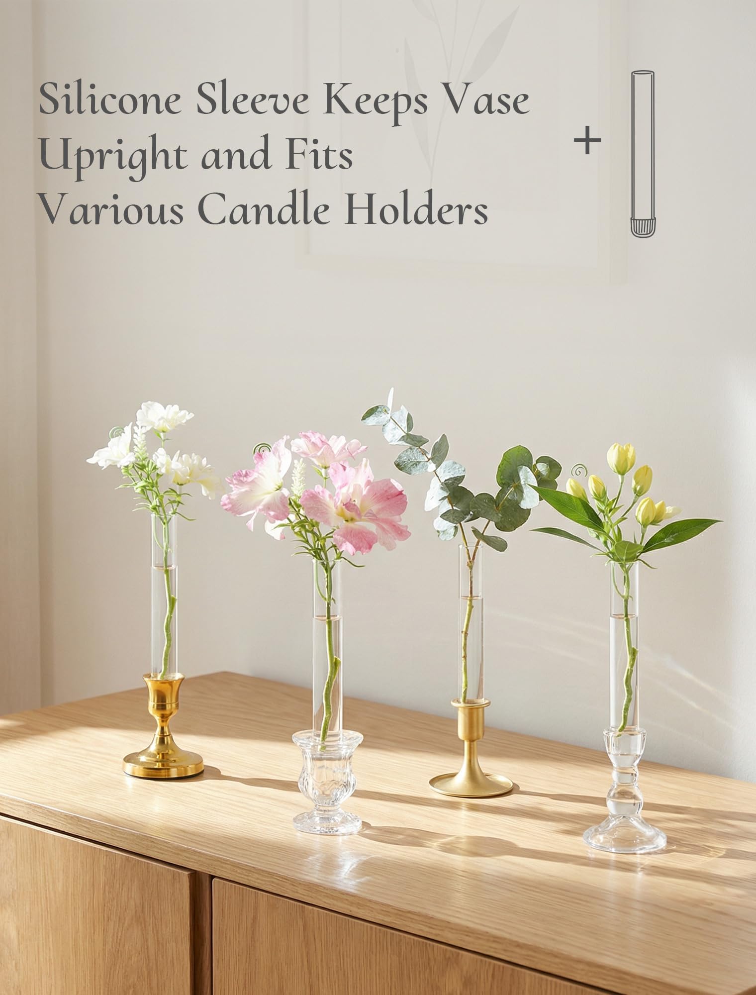 Reagenzgläser Vase mit Gold Kerzenhalter für Tischdeko, 12 Stück | 2-in-1 Design, mit Silikonhülle, für Hydrokultur/Einzelne Blumen, Kleine Blumenvase für Hochzeit Jahrestag Geburtstag Party