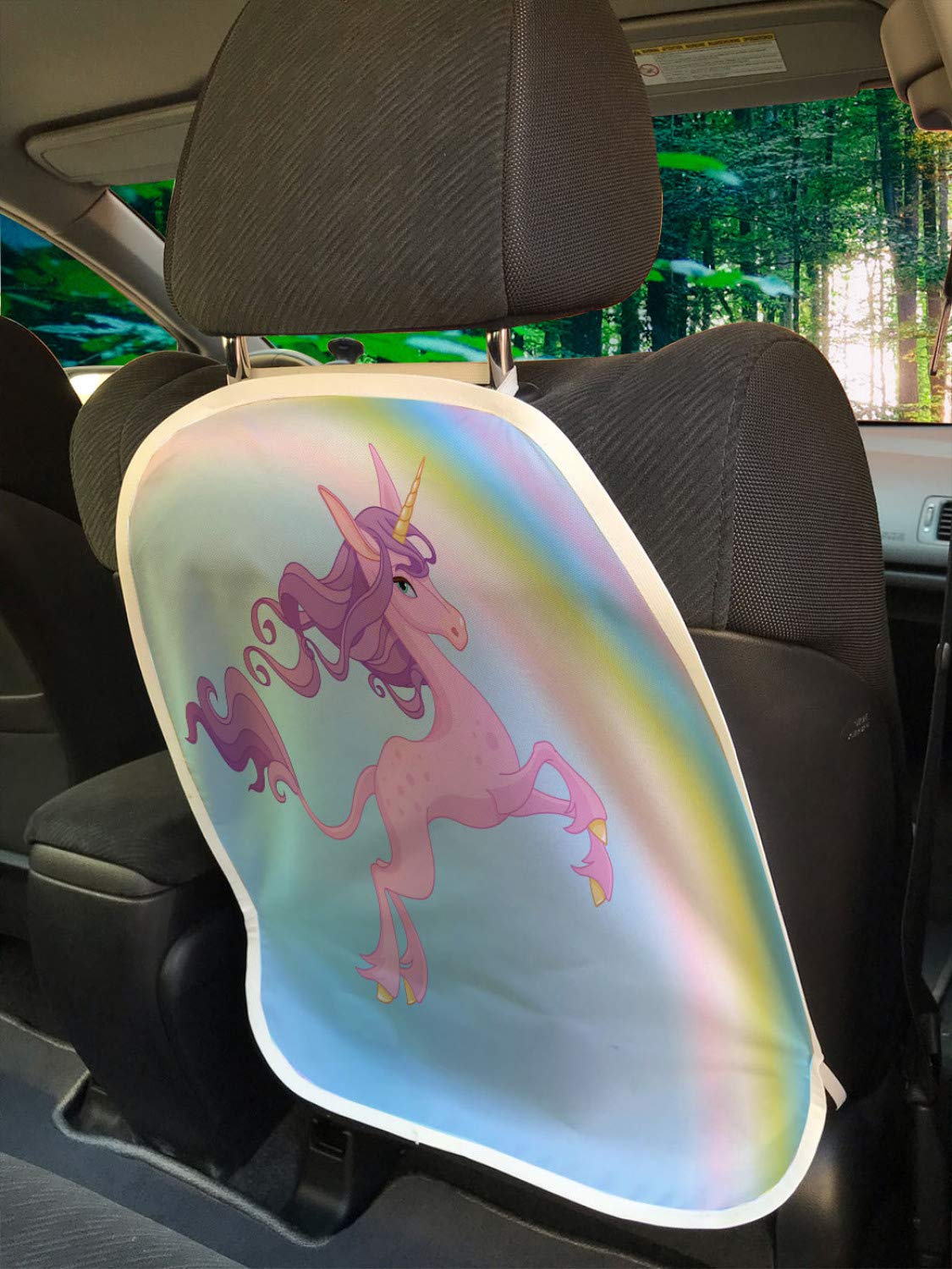 Ambesonne Cartoon Car Seat Protector Set of 2, Scene of a Unicorn with Golden Yellow Tone Horn on Pastel Rainbow, Universal Kick Mat for Dirt Mud & Scratches, 18" x 24", Pale Blue Multicolor