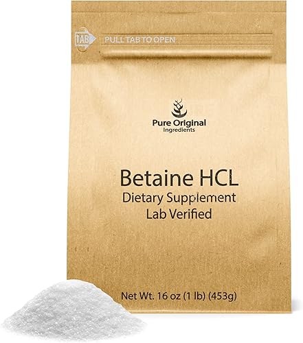 PURE ORIGINAL INGREDIENTS Betaína HCL 1 libra, sin aditivos ni rellenos, suplemento verificado por laboratorio