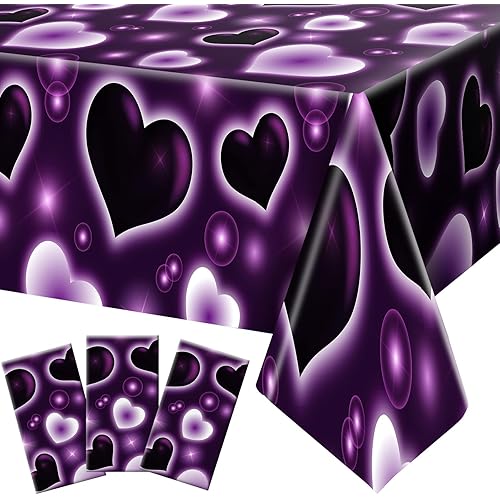 Tudomro 3 Pack Valentines 2000s Tablecloth Decoration 54 x 108 Inches Cholo Party Table Cover Y2k Party Decoration Heart Disposable Table Decor for Birthday Galentines Supplies(Purple)