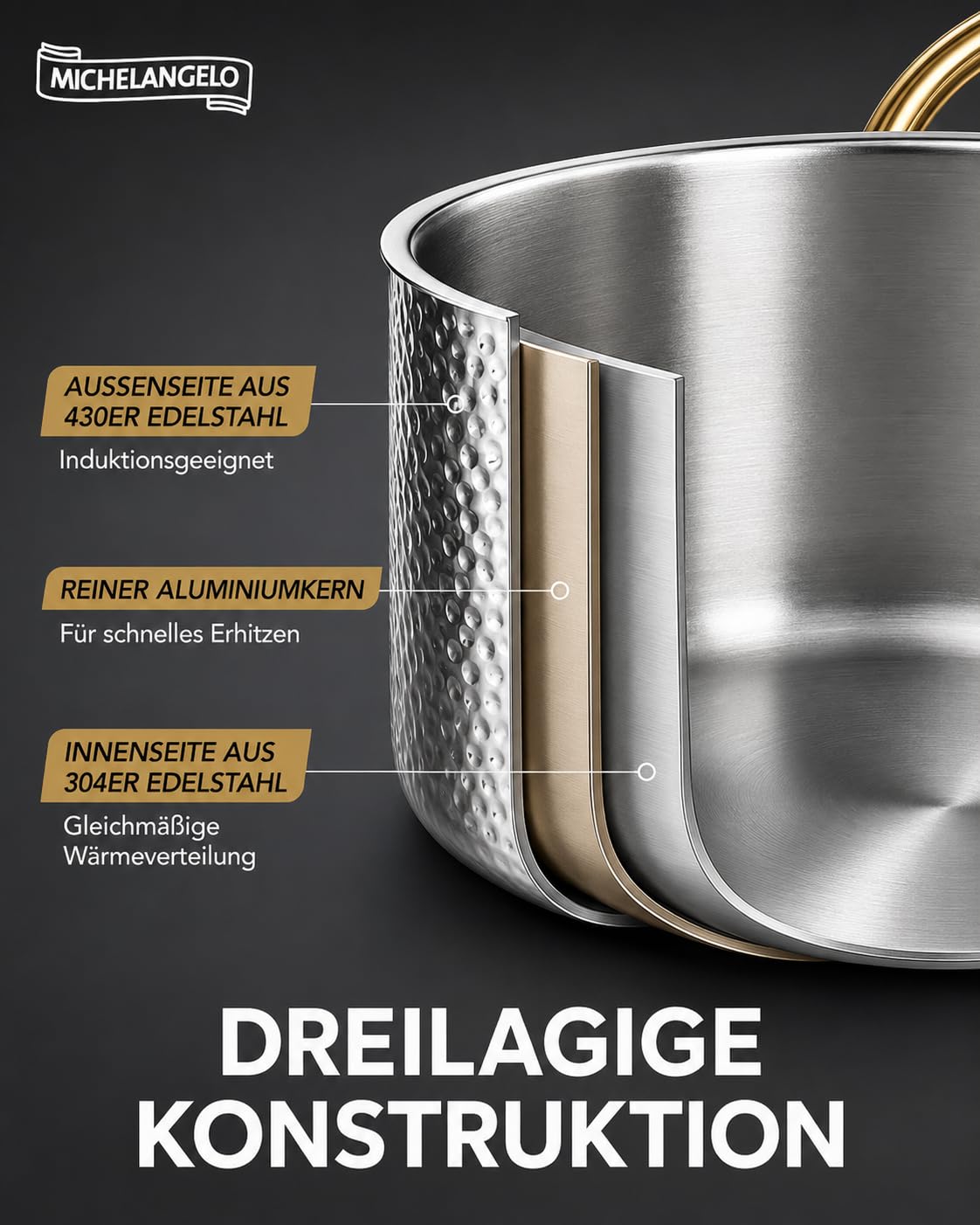 MICHELANGELO 10-tlg. Topf- und Pfannenset Induktion, Edelstahl, gehämmert | Kochgeschirr-Set | Gehämmerte Optik | Goldfarbene Griffe | 3-lagiger Edelstahl | PTFE-/PFOA-frei | Backofen bis 315°C