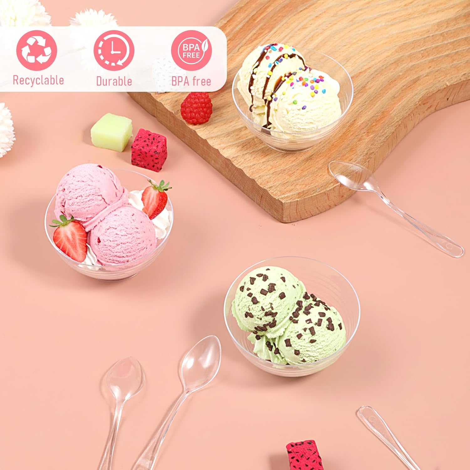 SHENLIU 150 Pack Mini Dessert Bowls with Spoons, 3 oz Disposable Dessert Cup for Mousse, Puddings, Appetizers, Condiments, Snacks, Small Clear Plastic Bowl Round Party Serving Bowls