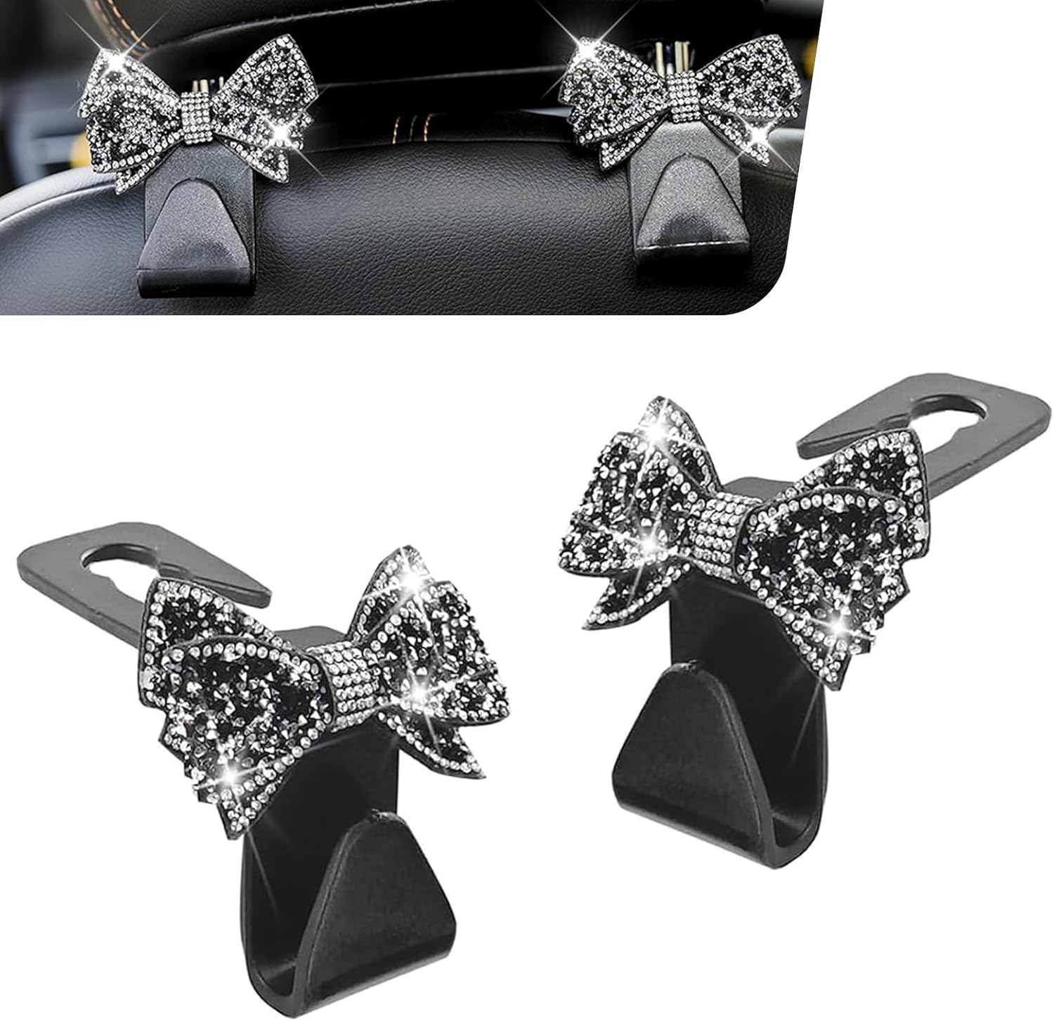 2 PCS Bling Bow Car Seat Headrest Hooks, Cute Rhinestone Bow Car Seat Back Storage Decor Hook, Multi-Purpose Rear Hanger Holder for Bags, Purse, Clothes (Black)
