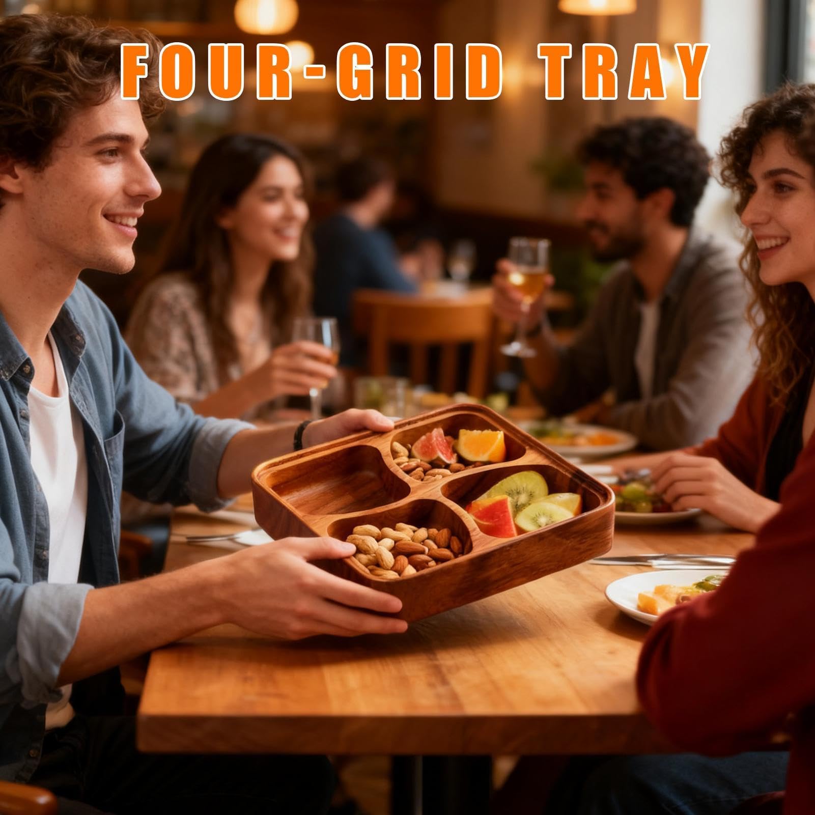 Set di ciotole per snack in legno a 4 scomparti, sicuro e delicato, per antipasti per familiari e amici, perfetto per feste a base di noci, decorazione per la casa e la cucina