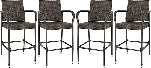 Miniatura 9 de SUPER DEAL Taburete de mimbre mejorado, silla de ratán para patio trasero al aire libre con marco de hierro, reposabrazos y reposapiés (2)