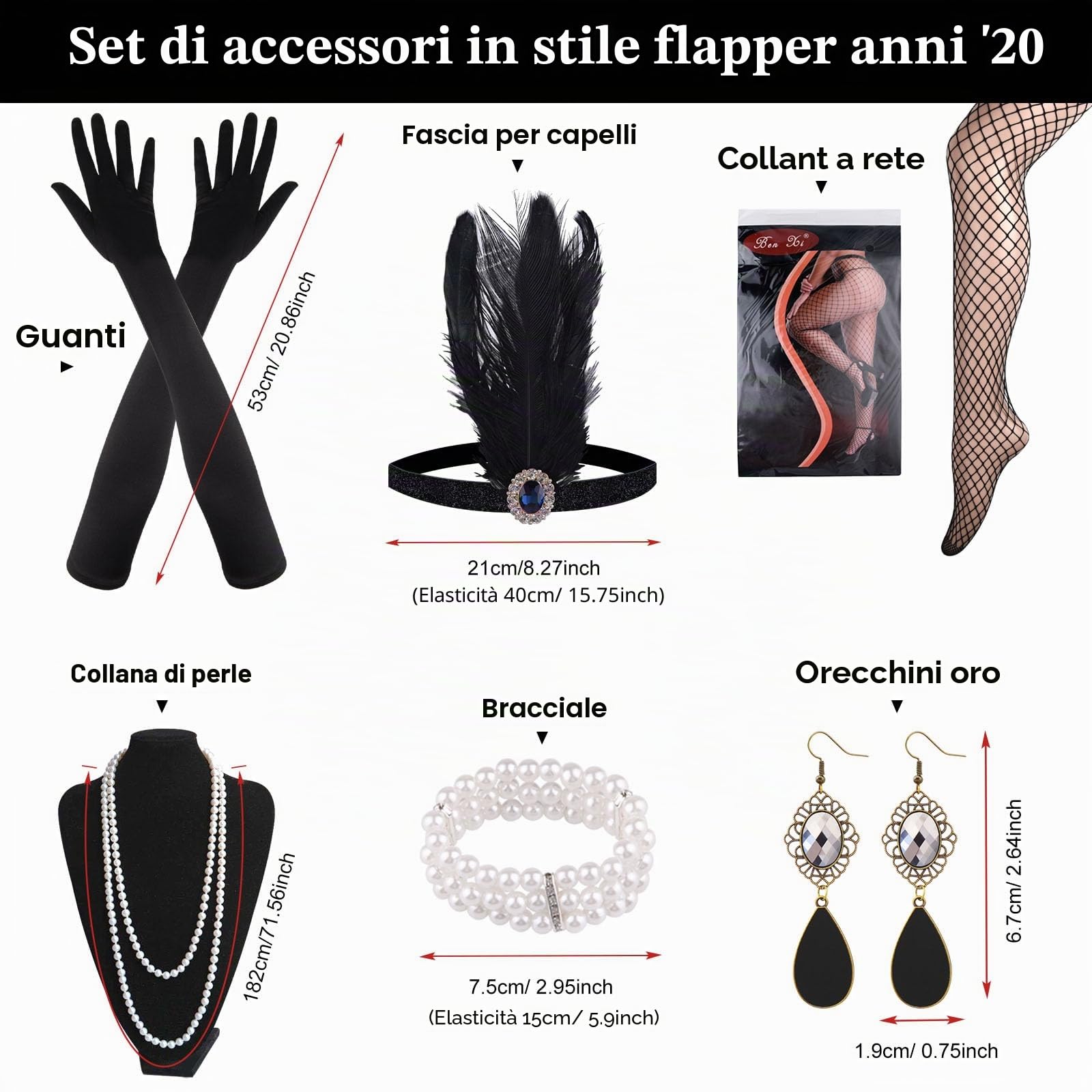 FEPITO Set di accessori da donna con fascia, collana, orecchini, guanti lunghi neri e portasigarette, collant a rete
