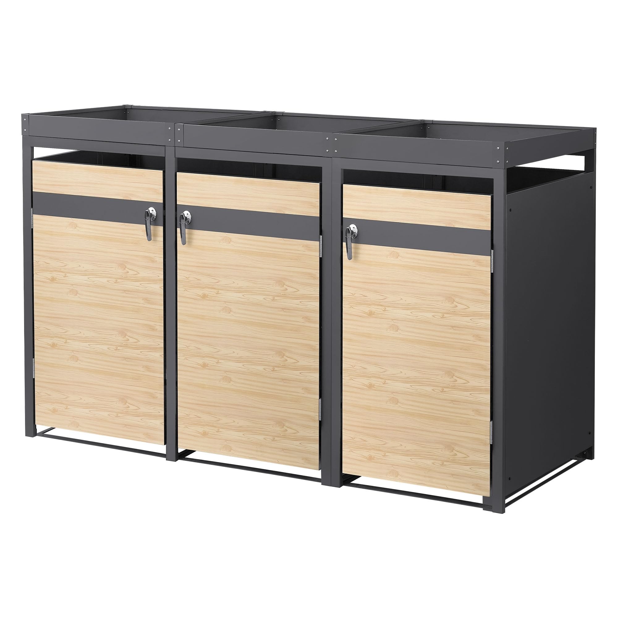 ML-Design Mülltonnenbox 3er 240L mit Pflanzdach, Mülltonnenverkleidung für 3 Mülltonnen, Müllbox wetterfest Mülltonnenhaus aus Stahl, Müllcontainer, abschließbare Tür 200x80x124 cm Anthrazit-Holzoptik