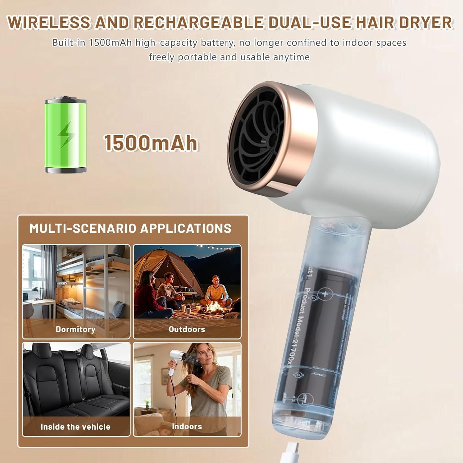 Sèche-cheveux sans fil à piles avec 3 contrôles de chaleur réglables et 3 vitesses de charge USB compatible pour les voyages, la maison et les activités de plein air (norme américaine) Blanc