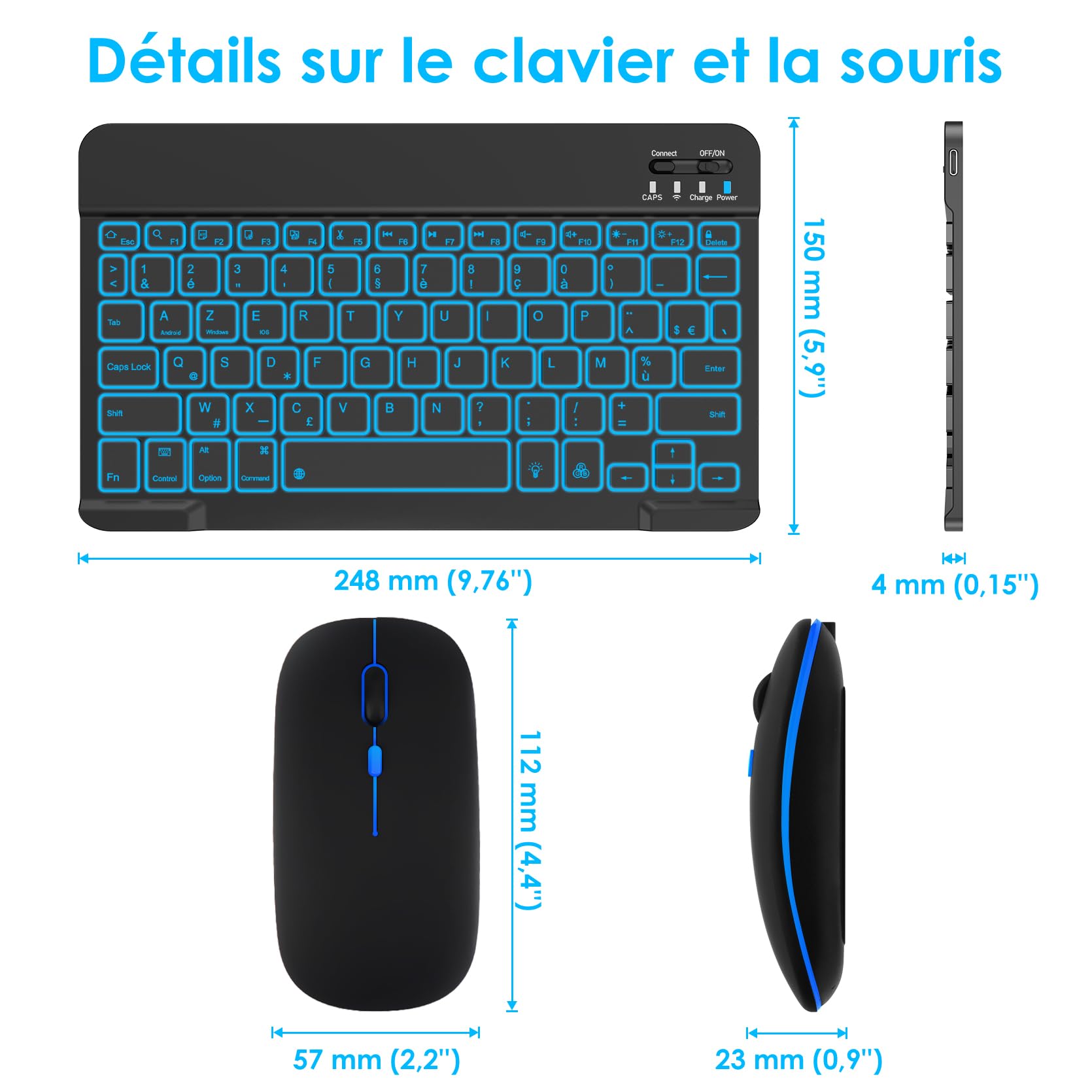 LAMA Clavier et Souris sans Fil rétroéclairés 7 Couleurs, Clavier Universel Ultra Fin Rechargeable, Clavier Bluetooth Portable pour iPad/Tablette/iOS/Android/Windows/téléphone, Rétroéclairage Noir