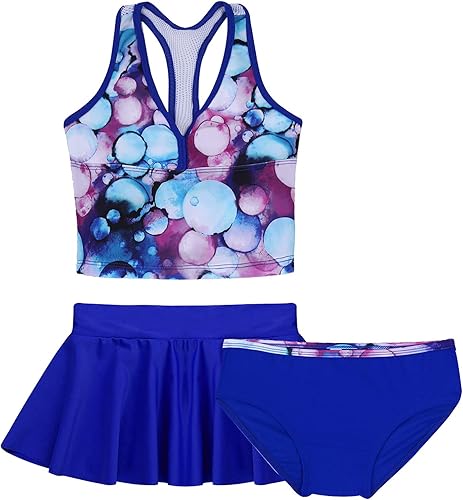 HULIJA Traje de baño de 3 piezas para niñas con estampado de camiseta sin mangas con falda inferior