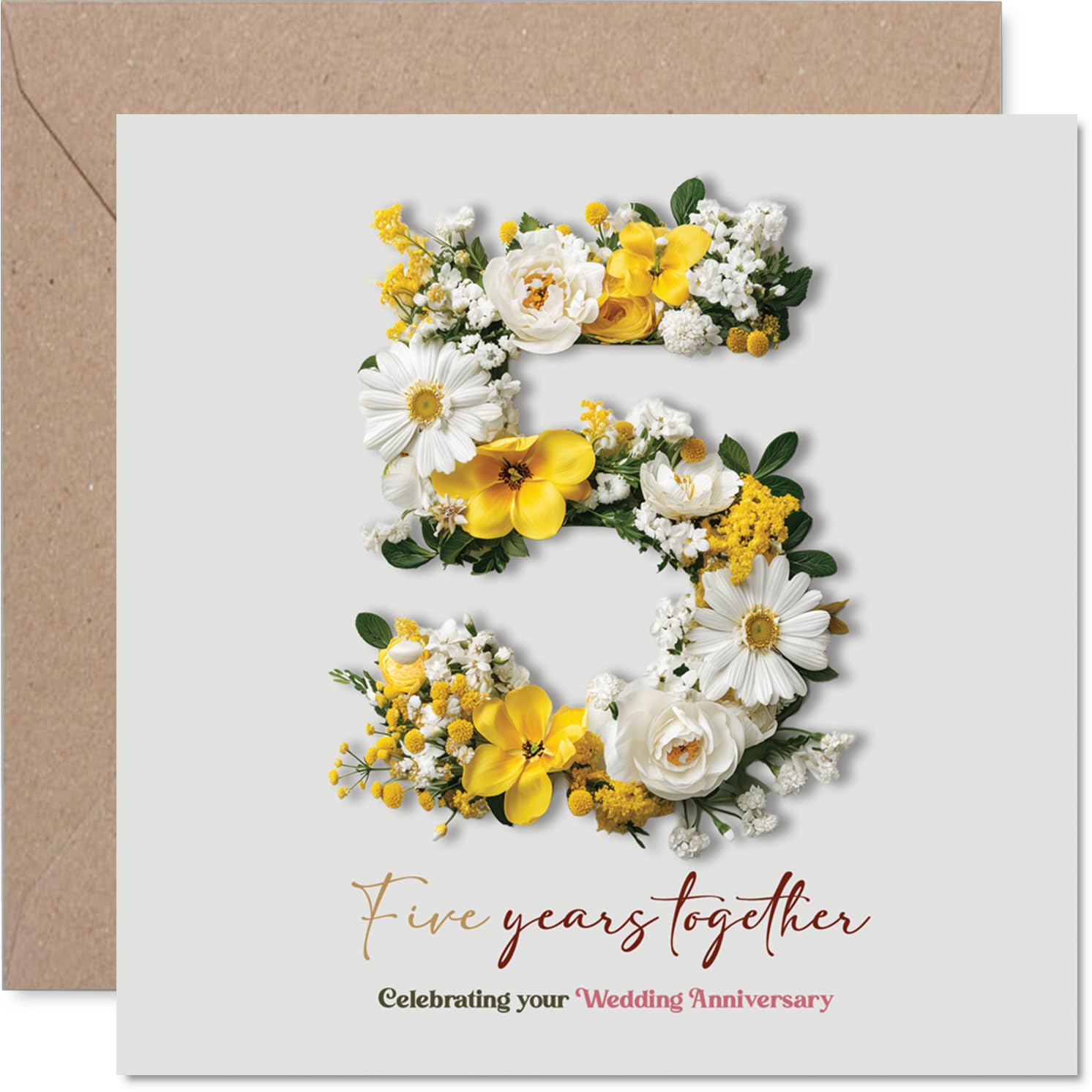 Milestone 5th Anniversary Card - Cheers to Five Fabulous Years - Bold Floral Number 5 Design - 145mm Square, Envelope Included