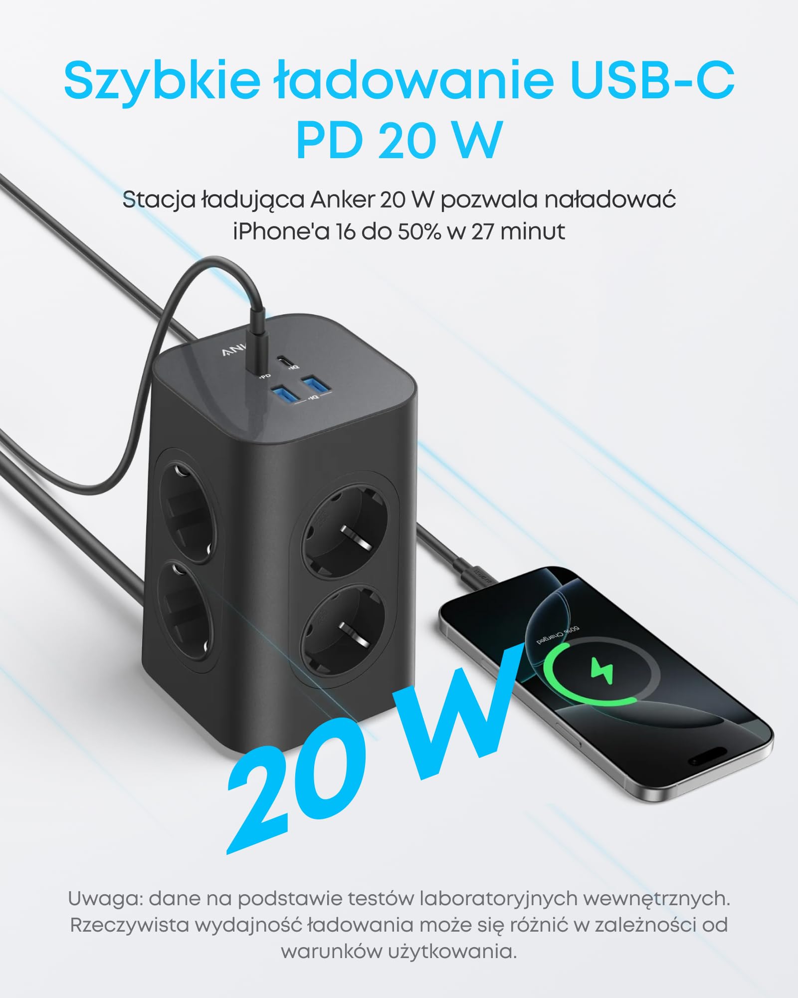 Anker listwa zasilająca 8 gniazd + 4 USB, 20W USB-C szybkie ładowanie, ochrona przepięciowa, wyłącznik, 2 m kabel, do biura, domu, gamingu | Do iPhone 13/13 Pro/12/12 Pro Max/11 Pro/X/XS/XR/8 Plus, do ładowarek typu C