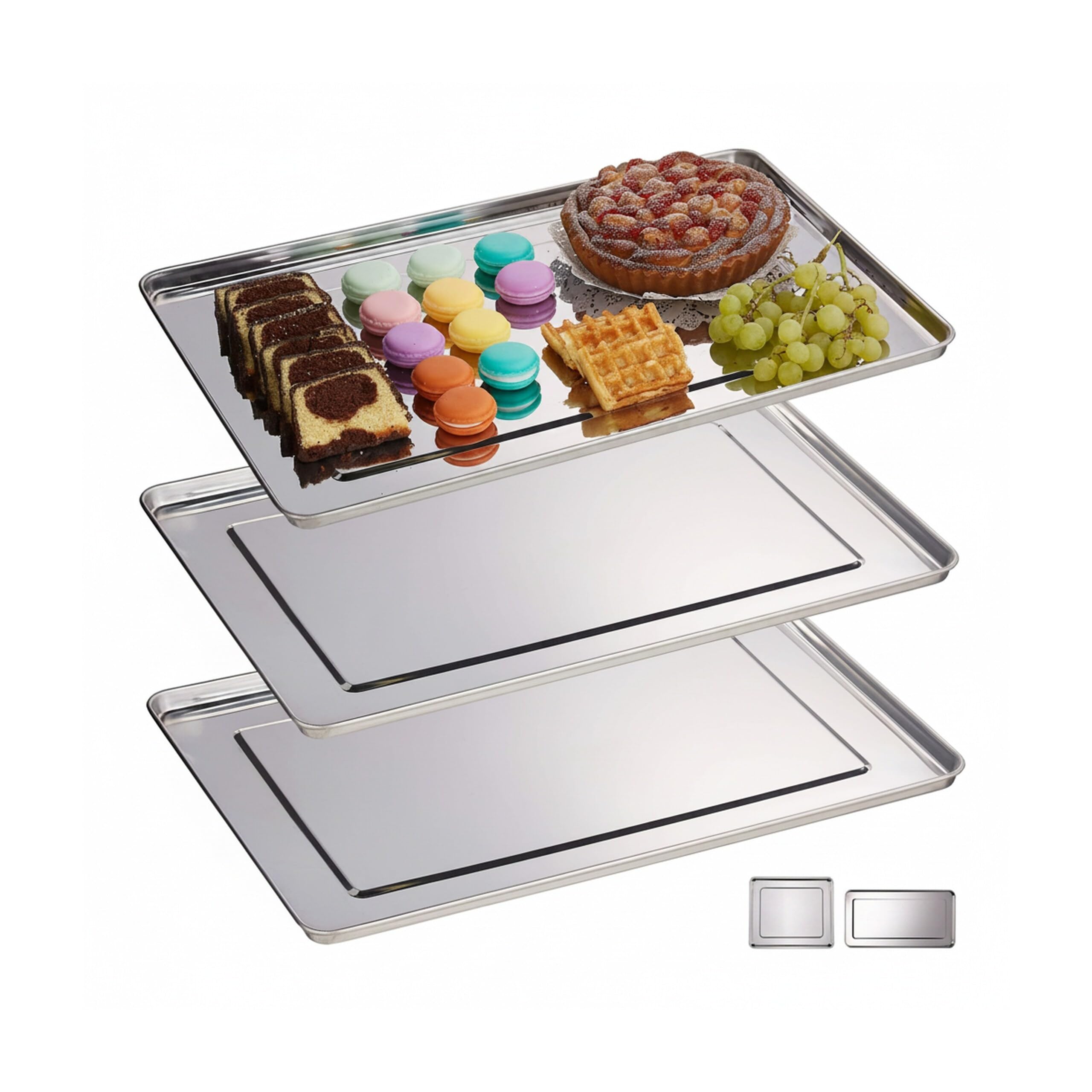 Relaxdays Vassoio in Acciaio Inox, Set 3 Piatti da Portata Rettangolari, Antipasto, Aperitivo, Buffet, 48x33 , Argento