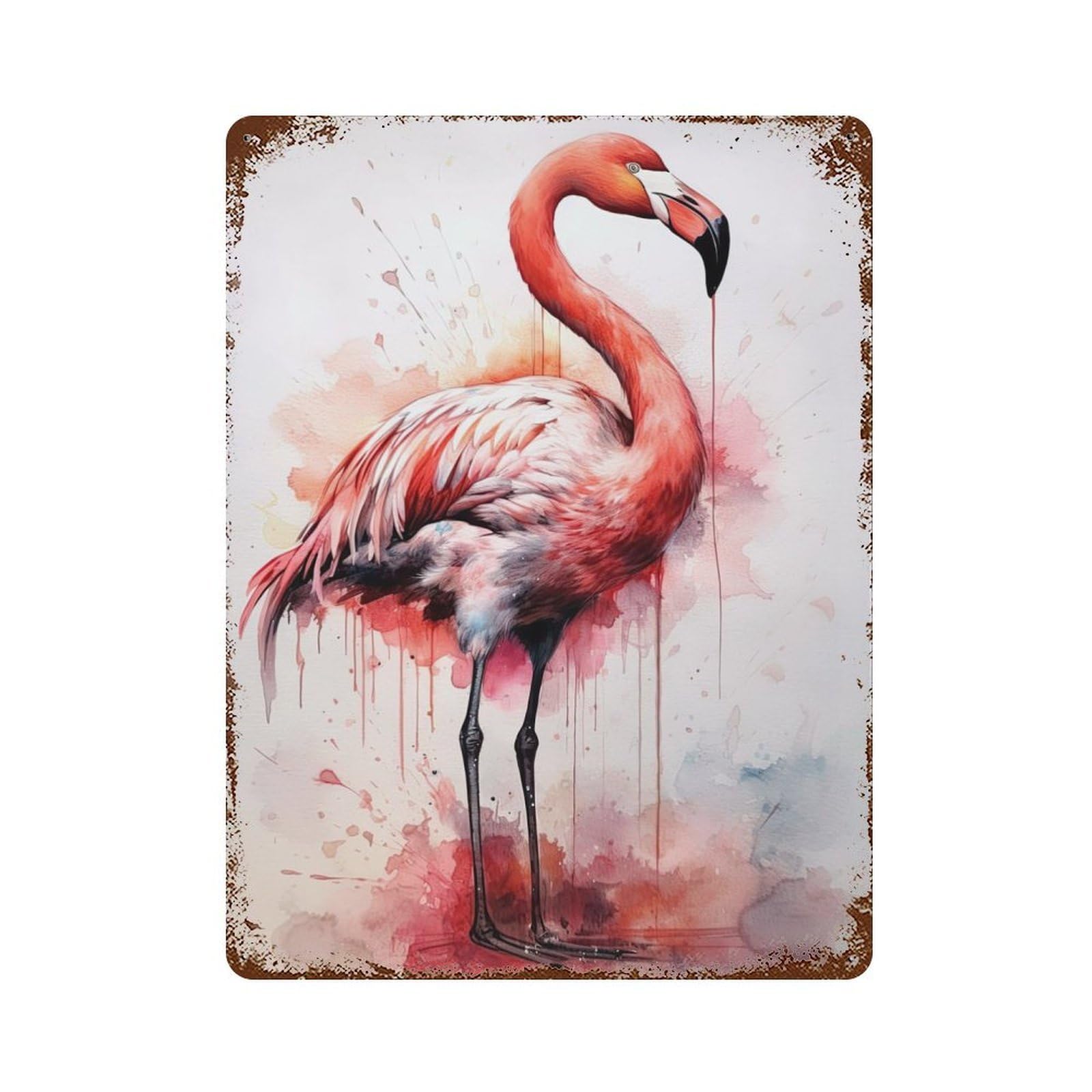 Rust Effect Flamingo Watercolor Aged Metal Wall Plaque 15.7"x11.8", Rustic Home Decor for Bistro, Counter And Cafe Decor