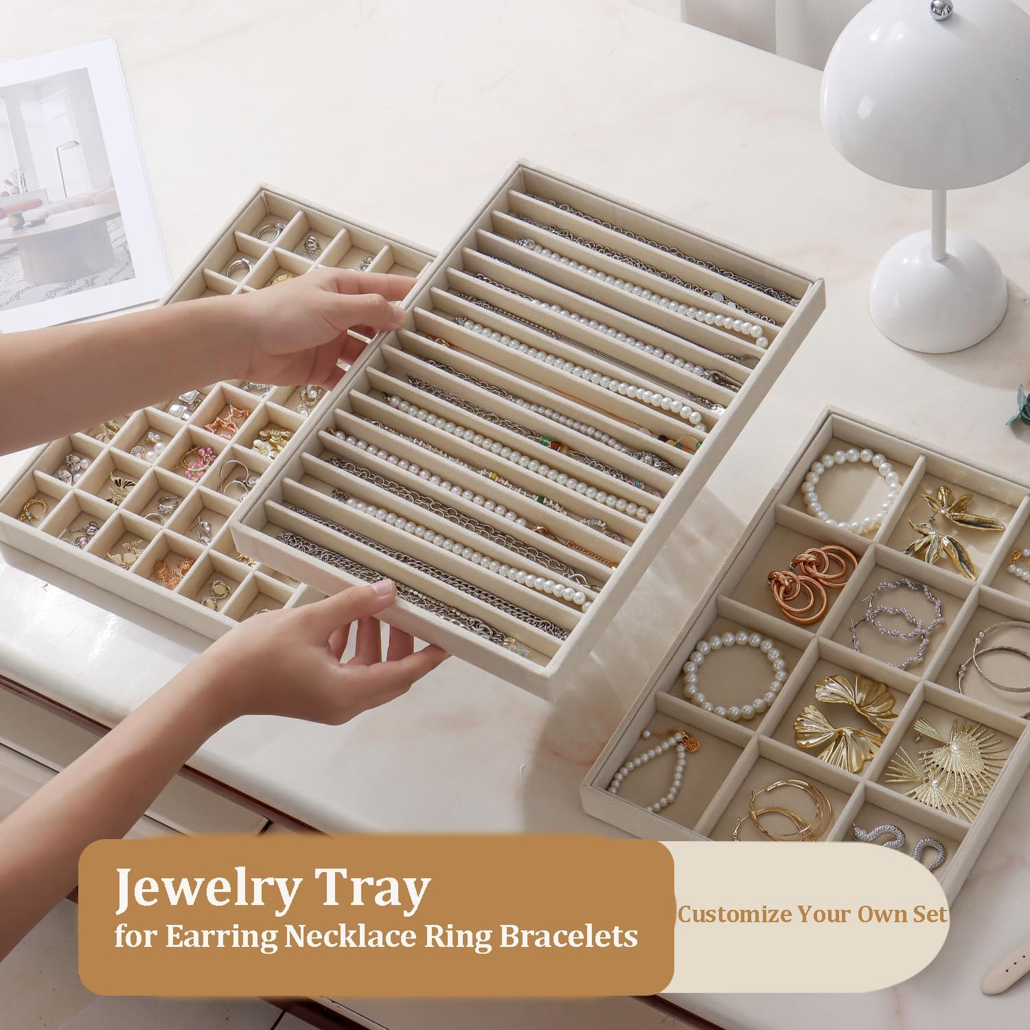 Large Jewelry Drawer Organizer Trays Set of 4, Stackable Velvet Jewelry Trays Organizer Holder Display Storage Showcase for Earring Necklace Bracelet Ring Accessary (Beige, 12+17+24+48 Grids) - Image 5