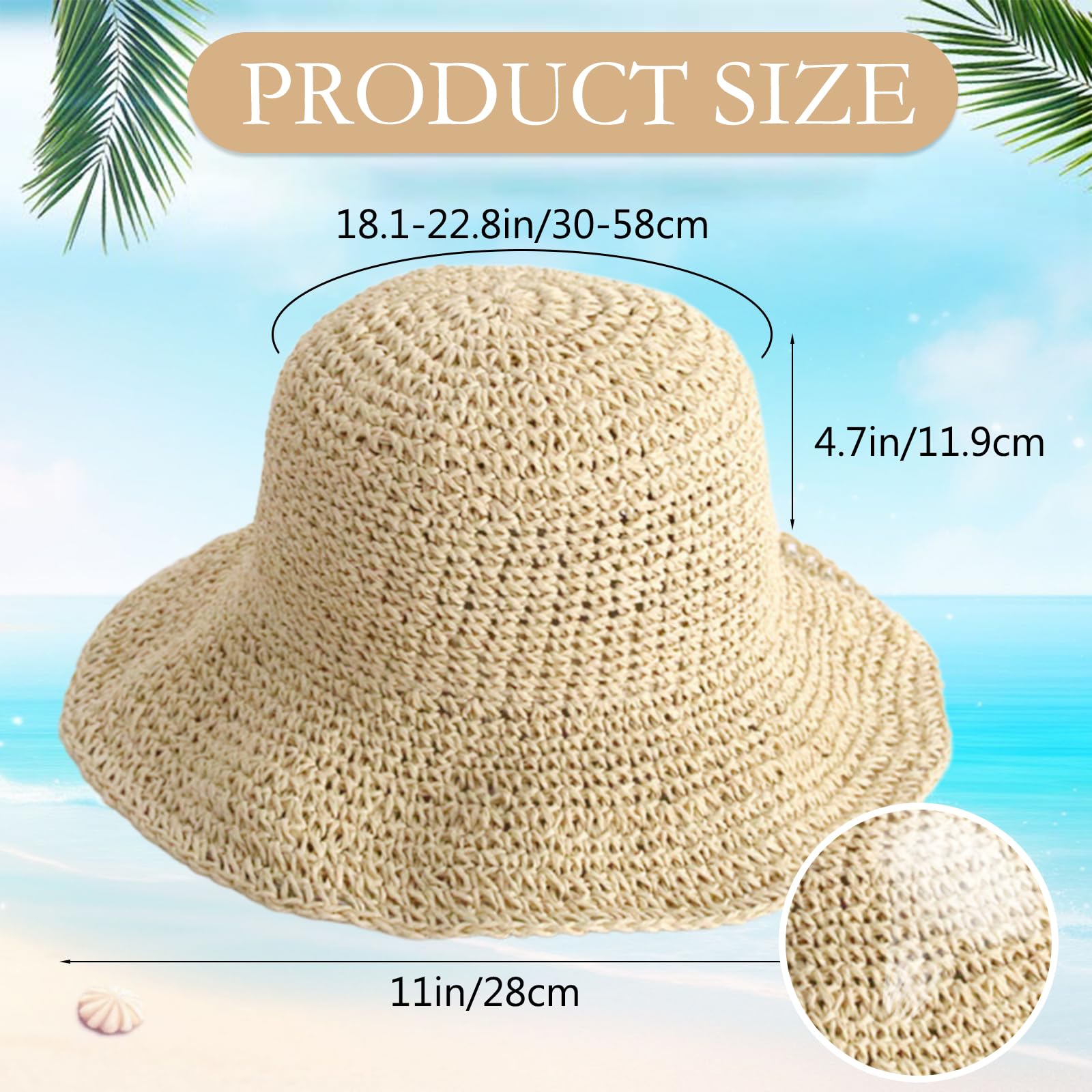 Sombrero de Sol para Mujer,Sombrero de Paja de Las Mujeres, Sombrero de Viaje de Verano Paja de Verano Plegable de ala Ancha para Playa