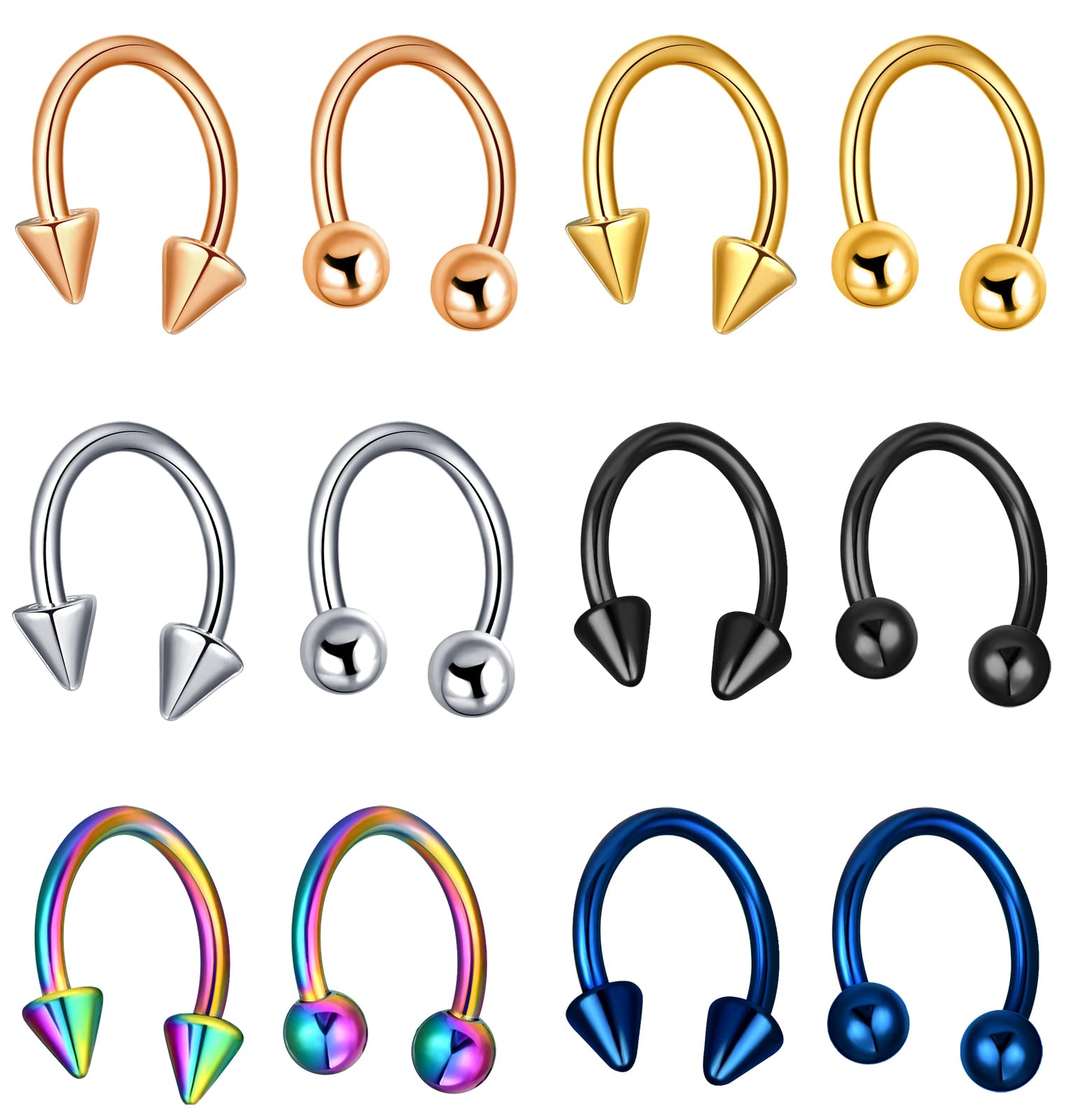 MicVivien10-12 Pcs Stainless Steel Nose Studs Septum Horseshoe Hoop Stud Piercing Rings for Ear Eyebrow Tragus Lip 16-18 Gauge