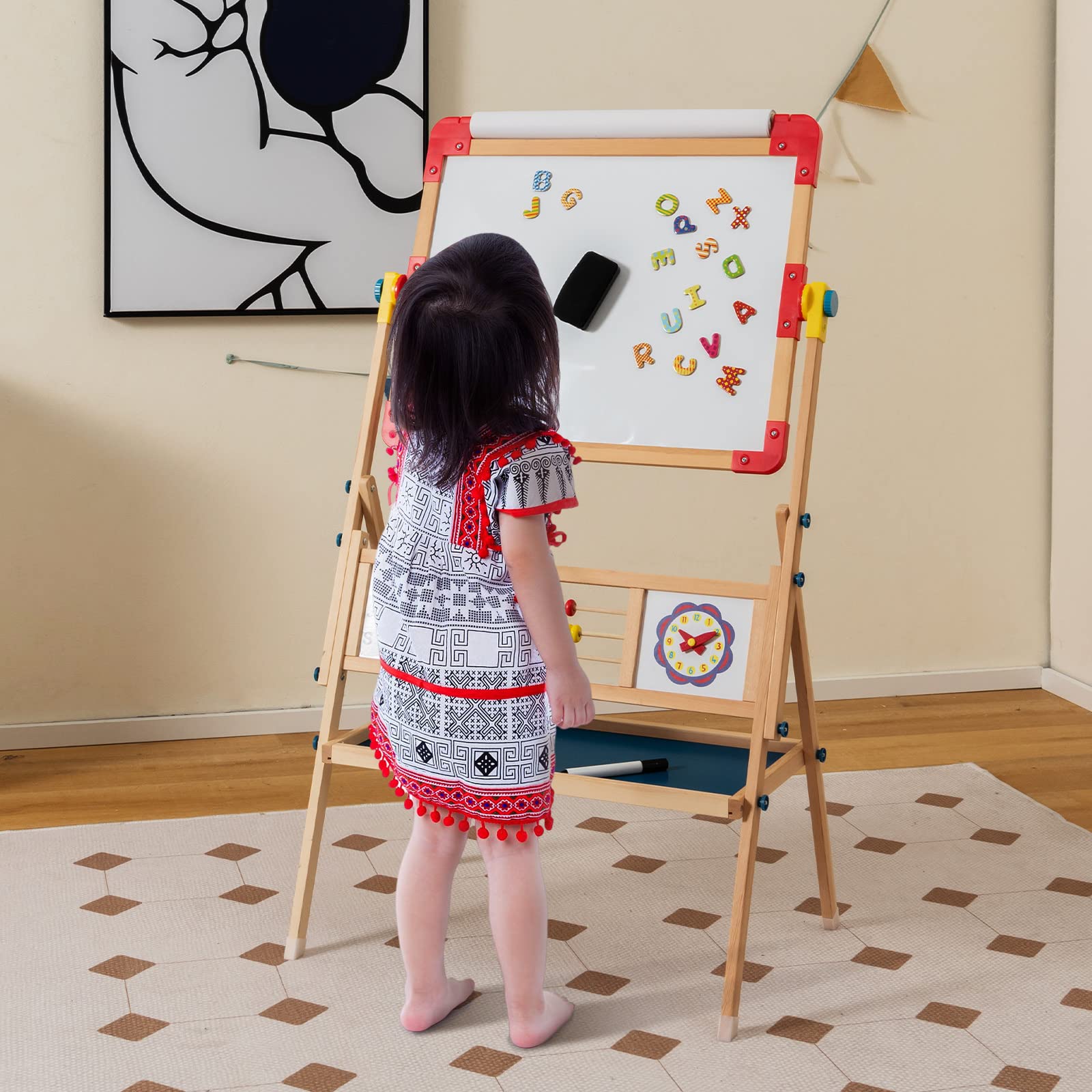 GYMAX Cavalletto Artistico in Legno per Bambini, Cavalletto per Pittura Bifacciale 3 in 1 con Lavagna, Lavagna Magnetica Girevole a 360°, Lettere Magnetiche, Abaco e Gomma, 62 x 45 x 118 cm