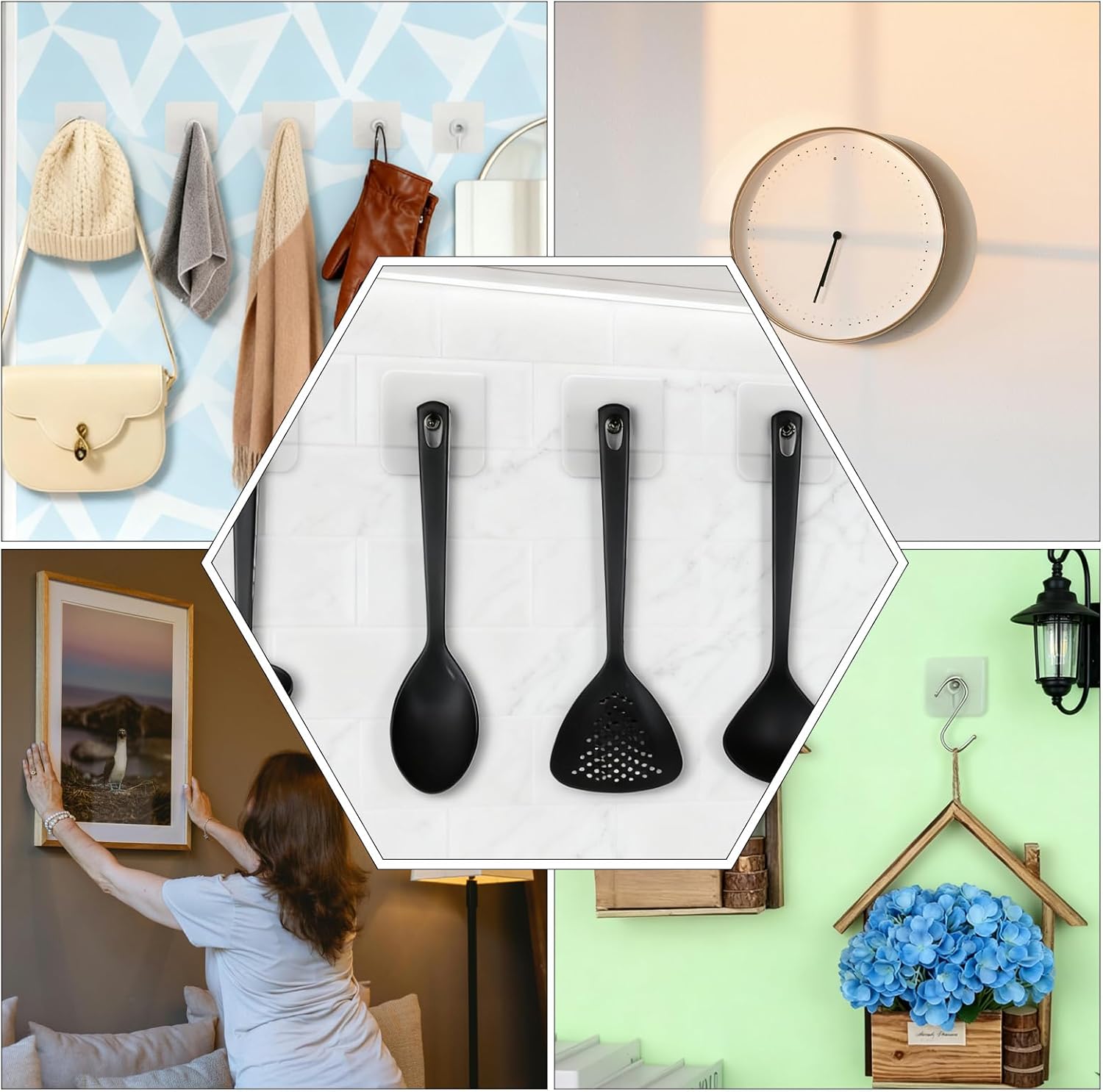 10 PCS Adhesive Hooks Wall Hangers Without Nails No Drill Picture Hangers Bathroom Decor No Drill for Hanging Pictures Wall Hanger Frame Hanger for Home, Office, Bathroom, Kitchen