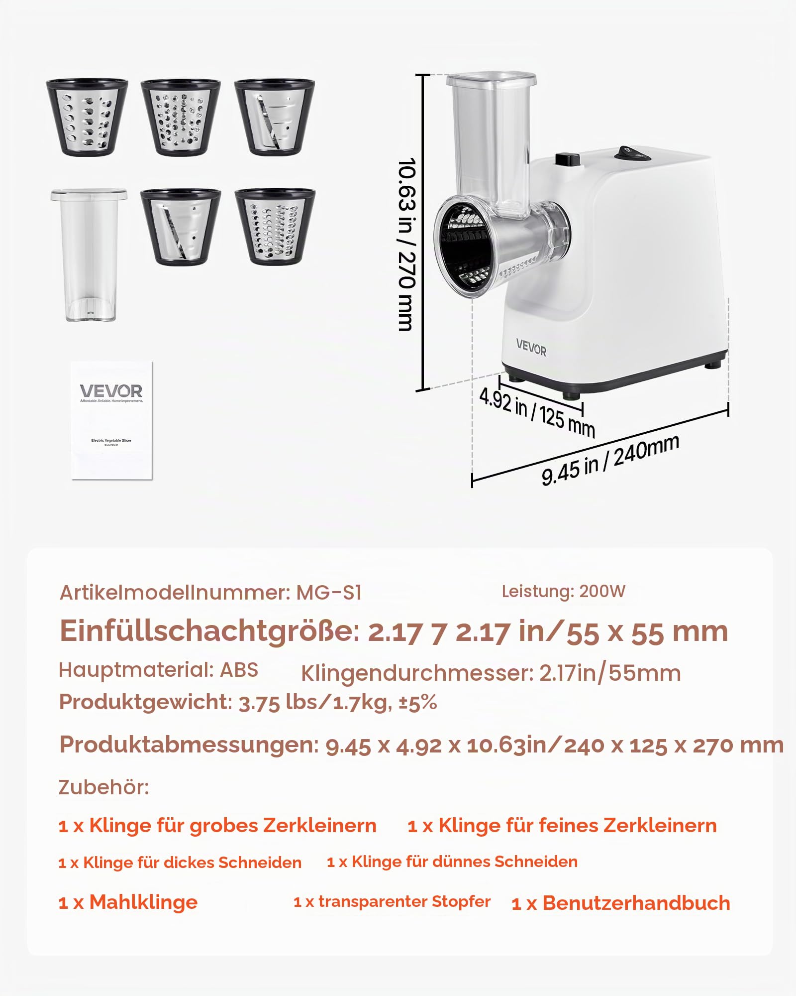 VEVOR Elektrische Käsereibe Salatzubereiter 200 W Gemüsehobel Gemüseschneider, Drehreibe mit 5 Aufsätzen, Lebensmittelschneider mit Edelstahlklingen für Gemüse Käse schnelles Schneiden