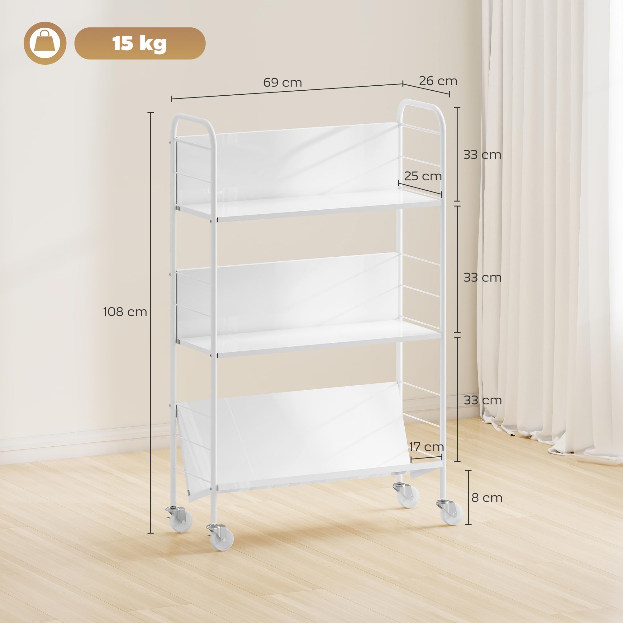 HOMCOM Carrello Portalibri a 3 Livelli in Metallo con Ruote Girevoli con Freno, Libreria Scaffale Moderno per Libri e Riviste, per Soggiorno, Camera da Letto, 69x26x108 cm, Bianco