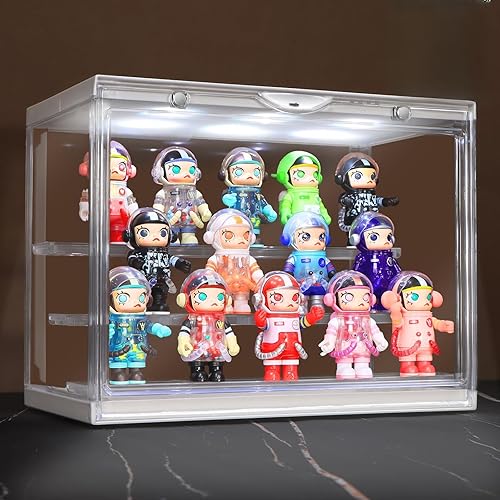 LED Acrylic Display Case for Funko Pop, Cordless Power Stacking Showcase with 3-Tier Steps - Clear Stackable Dustproof Protector Box with Magnetic