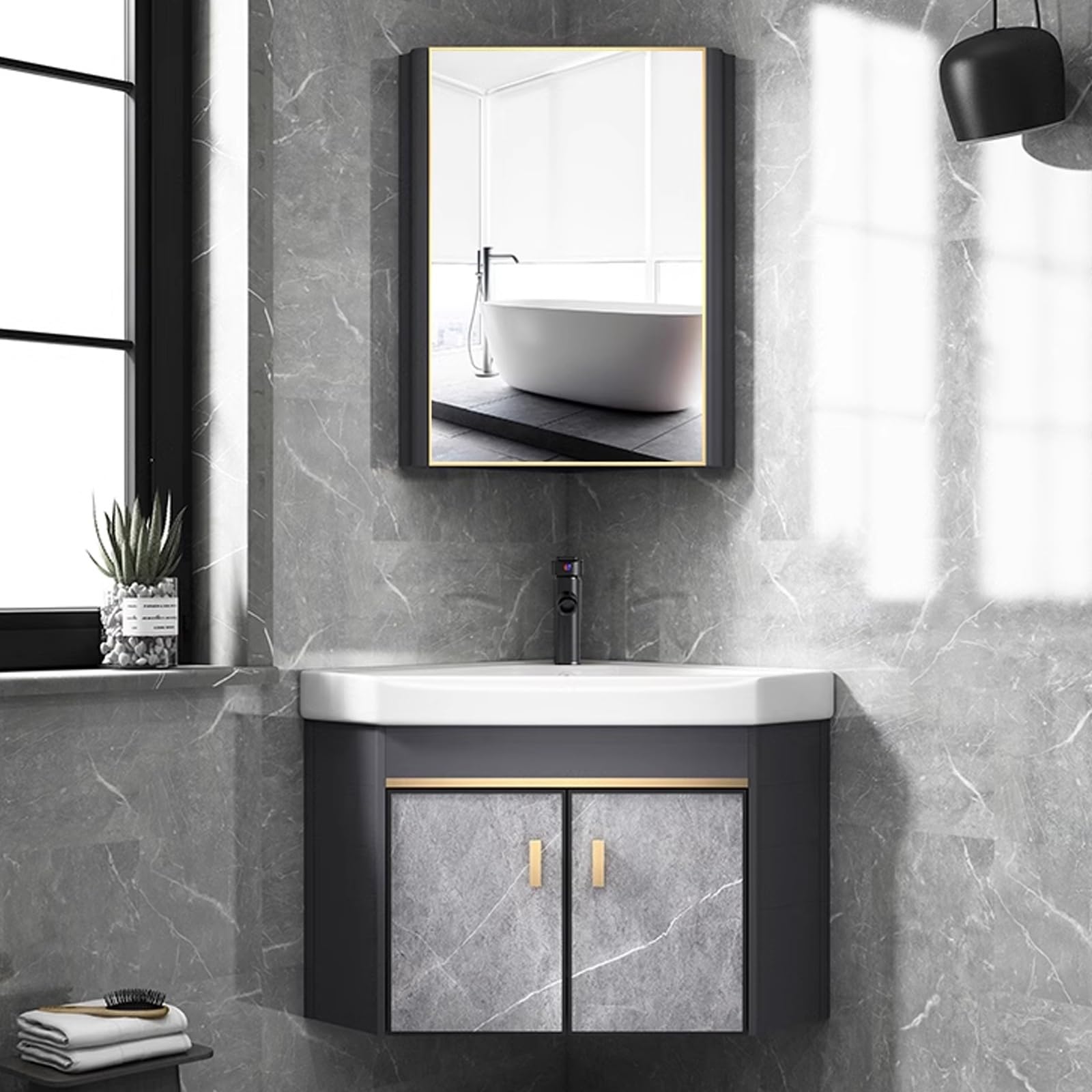 SGKOMN Corner Bathroom Vanity with Ceramic Sink & Mirror Cabinet, Corner Small Bathroom Vanity, Wall Mounted Bathroom Sink Cabinet, Bathroom Vanity Combo, for Bathroom, Laundry Room, 48cm