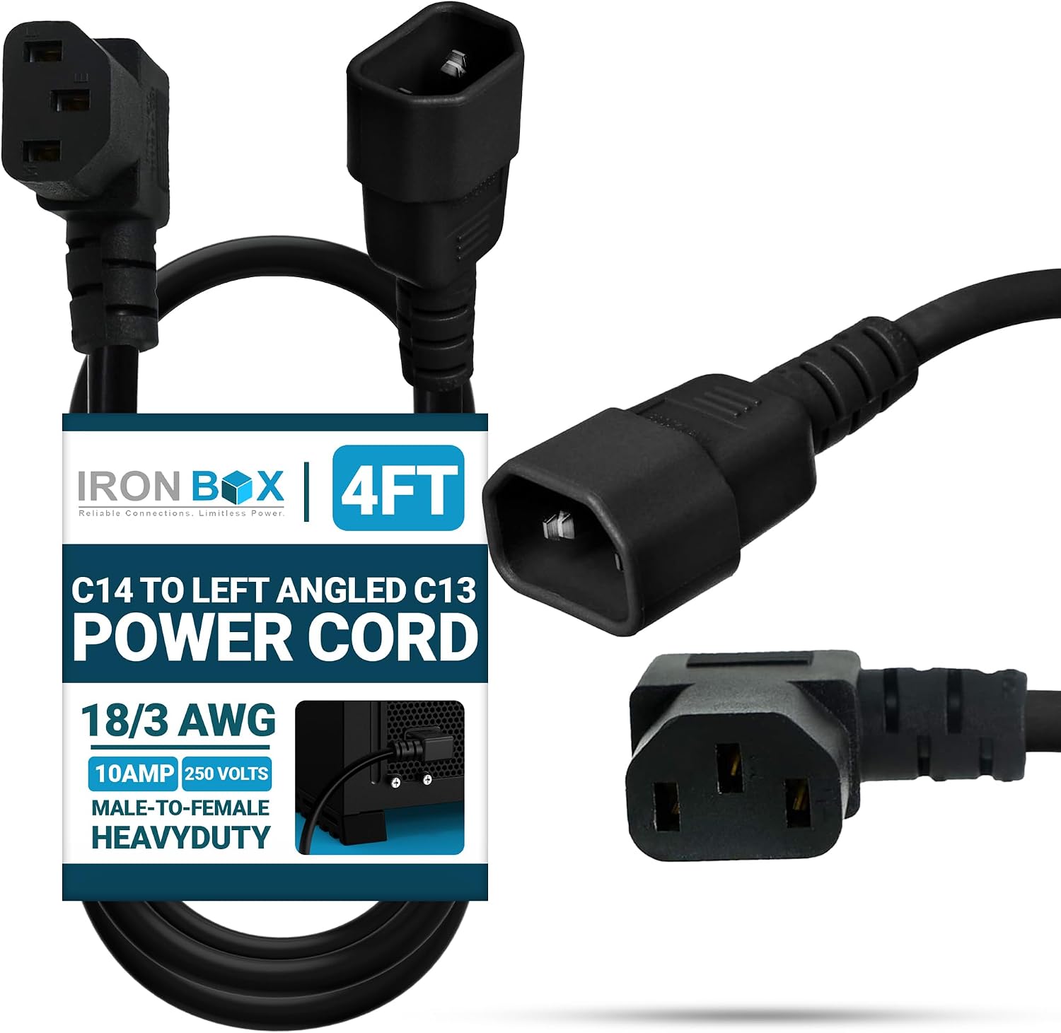 IronBox Electric - C14 to Left Angle C13 Power Cord - 90 Degree Computer Power Cord - Rated for 10A/250V - 18/3 AWG - IEC 60320 - Cable for Servers, Monitors, Computers, Networking Equipment (4 Feet)