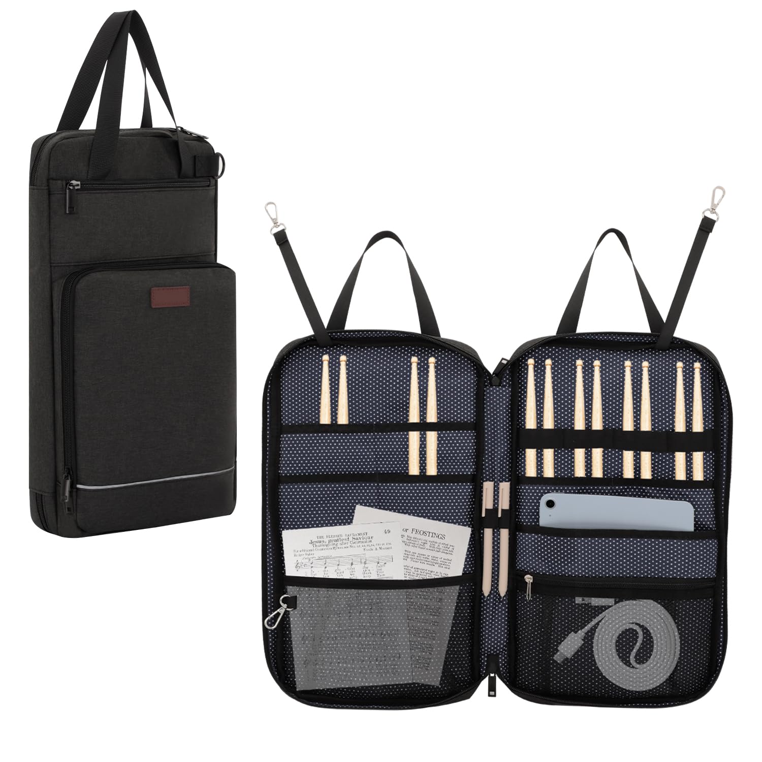 Drumsticktasche mit Aufhängehaken, Drumstick-Bag mit verstellbarem Schultergurt, Schlägelhalter für Drumsticks, Besen und Notenblätter, für Drummer und Anfänger bei Gig, Übung und Probe, nur Tasche