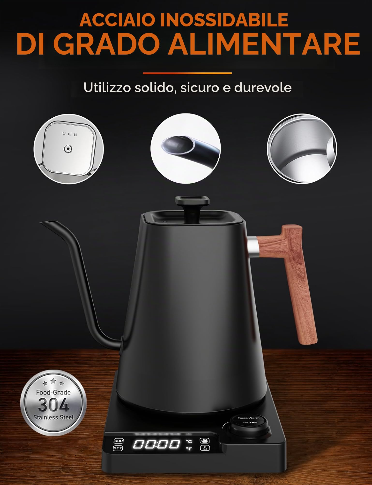 Bollitore elettrico in acciaio inox con regolazione della temperatura, bollitore a collo di cigno con funzione di calore 24 ore, 1L bollitore elettrico con indicatore di temperatura, 1200W