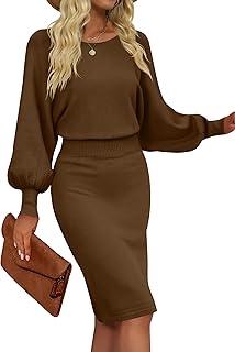 Women's Casual 2025 Long Puff Sleeve Solid Bodycon Midi Dress Ribbed Knit Oversized Pullover Sweater Dress - Buy now