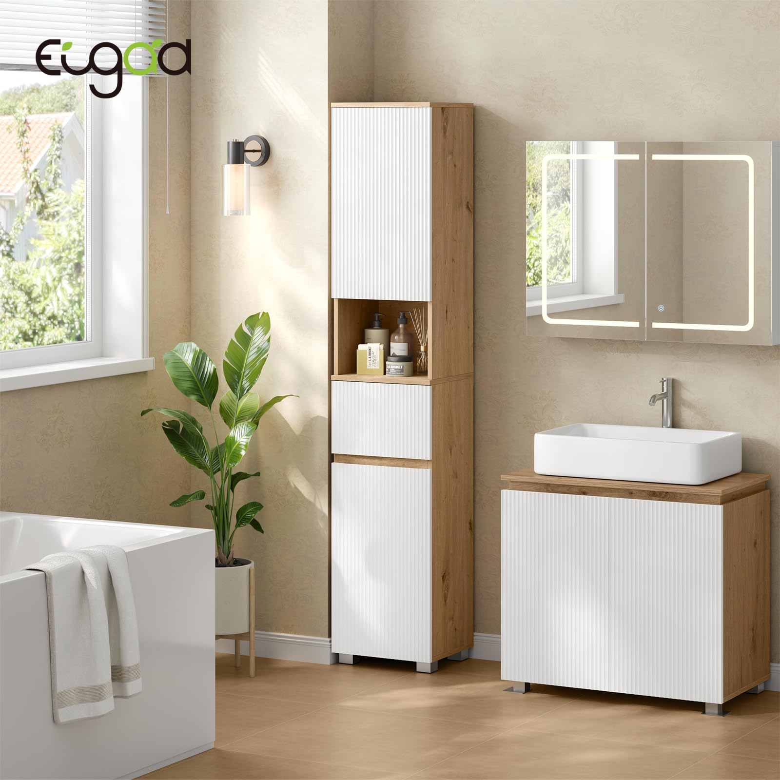 EUGAD Mueble de Baño, Armario de Baño Alto con 2 Compartimentos con Puerta, 1 Abierto, 1 Cajón y Estantes Ajustables, 35 x 30 x 176,5 cm, Madera de Ingeniería, para Espacios Reducidos, Blanco + Roble