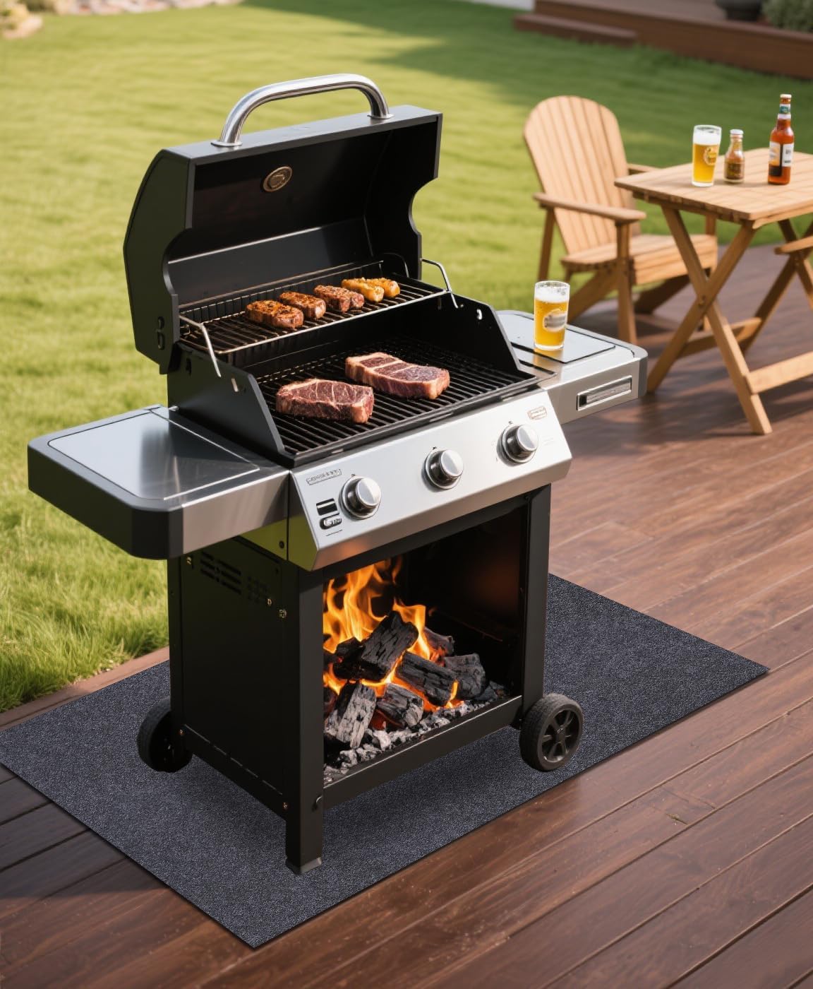 Gas Grill Mat，48" x 72" Premium BBQ Mat—Protects Decks and Patios from grease splashes,Soft Absorbent material-Contains Grill Splatter，Anti-Slip and Waterproof Backing，Washable