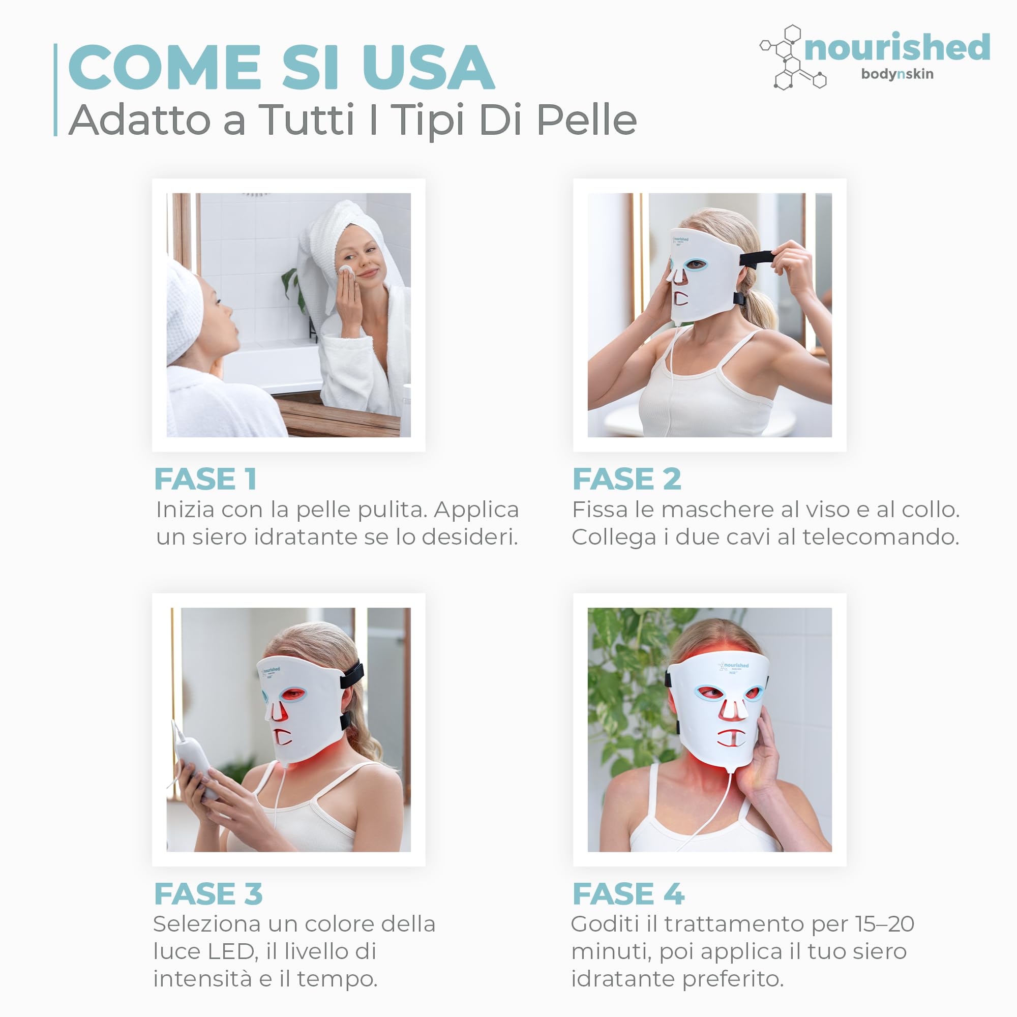 Nourished Bodynskin Maschera LED per Viso e Collo con Infrarossi Vicini - Terapia della Luce Blu, Rossa per il Viso - 228 LED - Strumento per la Cura della Pelle contro le Rughe, Anti-Età