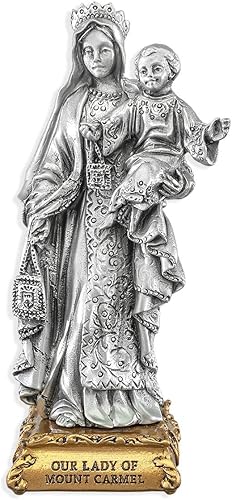 Nuestra Señora del Monte Carmelo Estatua de Santa Patrona de Peltre Fino sobre Base Dorada, fabricada en los Estados Unidos, 4-12"