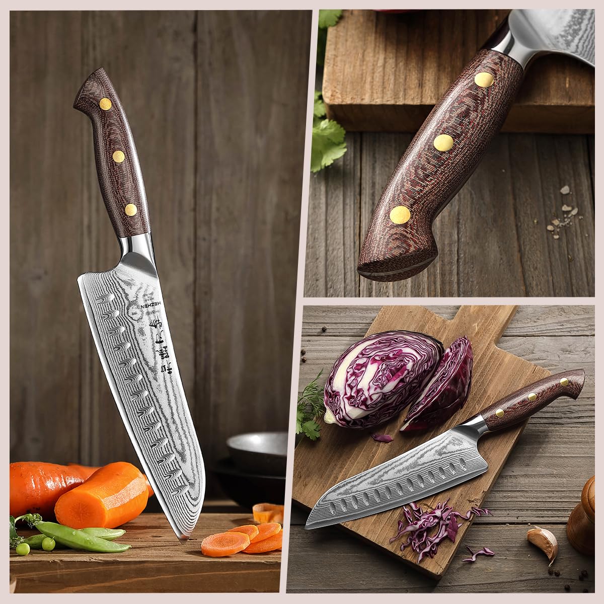 HEZHEN Santokumesser im Japanischen Stil，Echter Damaststahl Kochmesser mit Holzmesserscheide, Chinesisch VG10 Gyuto Messer, Full Tang Griff aus Micarta