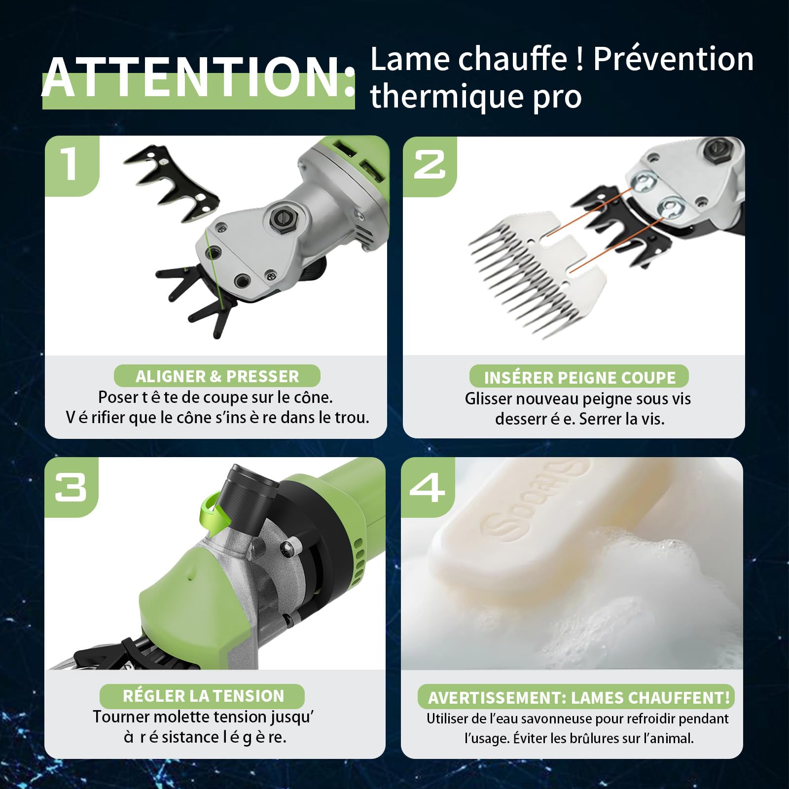 1200W Tondeuse a Mouton Professionnelle, 6 Vitesses Réglables 3200 tr/min, Lame 13 Dents pour Moutons Chèvres Alpagas, avec Manuel Français et Vidéo (Vert)