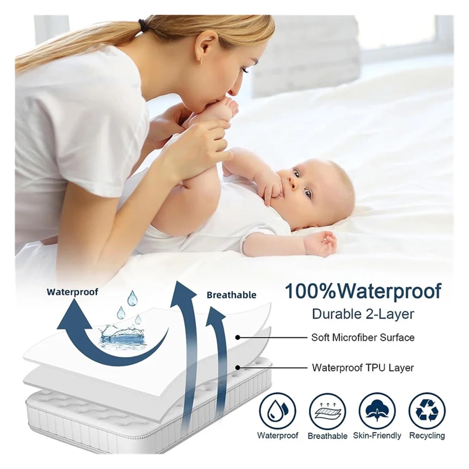 Cubre Colchon Funda de colchón Impermeable, sábana Ajustable con Banda elástica, Protector Antideslizante for Cama Individual, Doble, Queen y King(Cream White,Twin 39x74x12inch)
