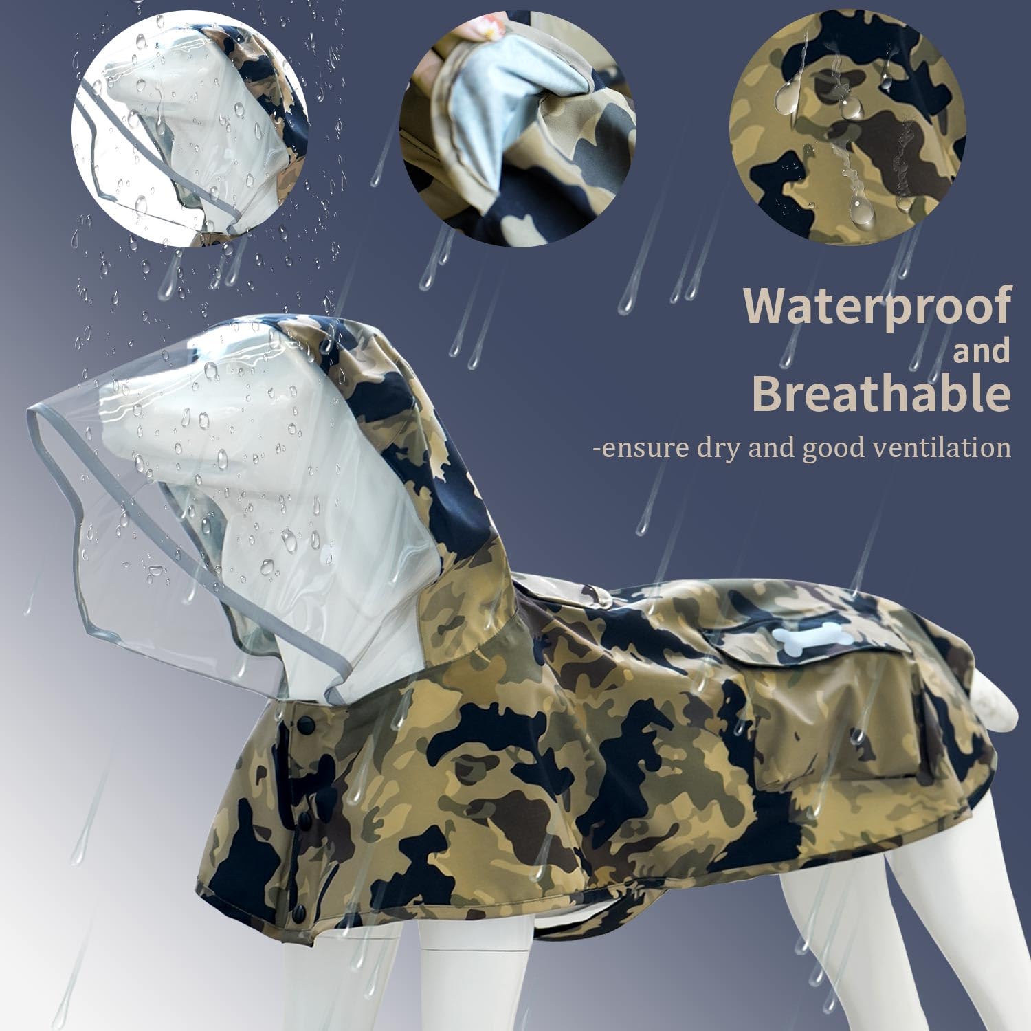 Waterproof Dog Raincoat, Adjustable Reflective Lightweight Pet Rain Clothes with Poncho Hood(X-Large,Camo) - Image 3