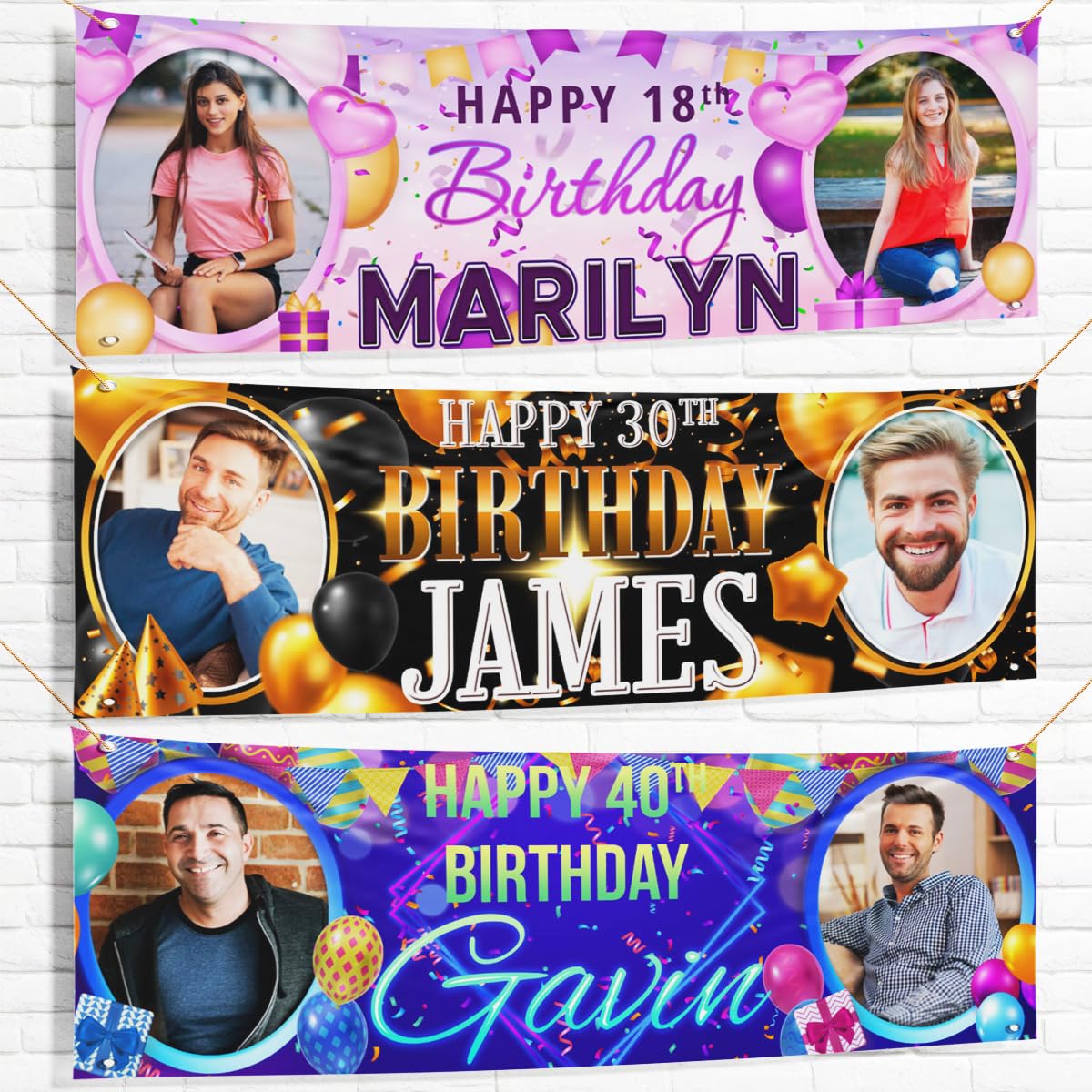 Personalised Birthday Photo Fabric Banner Blue Gold Black Pink (Black, 3.5ftx10ft) — image 1