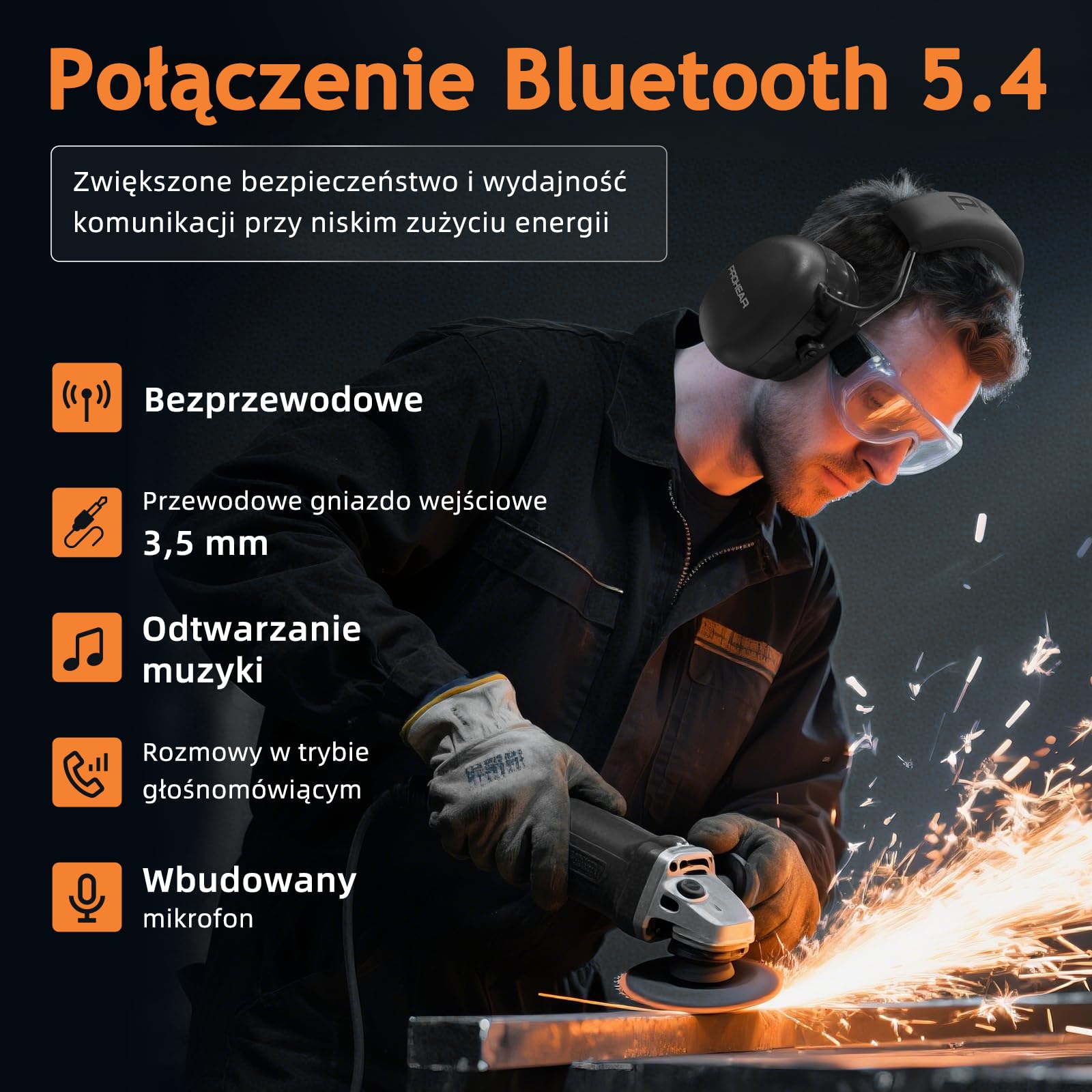 (Wersja uaktualniona) PROHEAR 037 Zestaw słuchawkowy Bluetooth 5.0 do ochrony słuchu z wbudowanym mikrofonem i funkcją redukcji szumów, odpowiedni do pracy i rozrywki, SNR 30dB-czarny