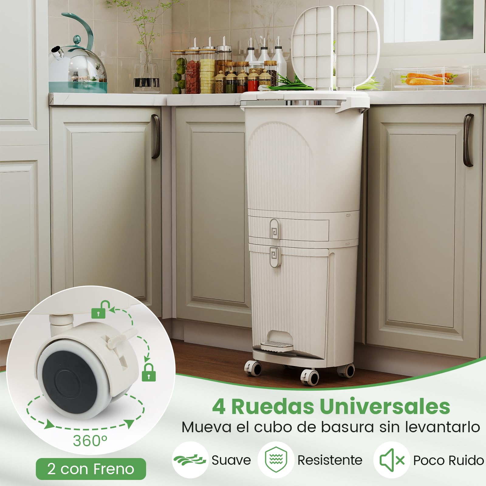 COSTWAY Cubo de Basura Cocina Reciclaje de 42L, Papelera de Reciclaje con 4 Compartimentos, 2 Cubos Extraíbles, Cajón, Pedal y Ruedas, Contenedor de Residuos para Cocina, 43 x 29 x 82.5 cm (Beige)