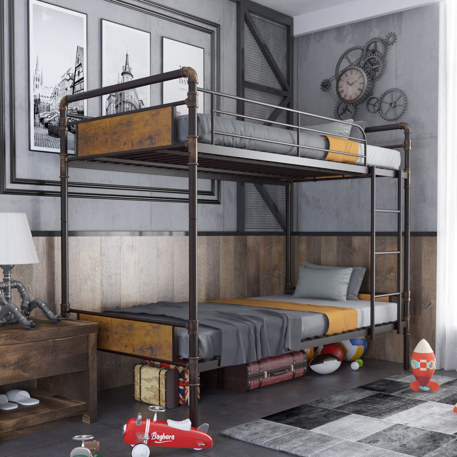  Twin Over Twin Bunk Bed, Convertible Twin Bunk Beds Into 2 Individual Bed, Removable Ladder & Safety Guard Rail for Kids, Easy Assembly, No Box Spring Needed (Vintage Brown) (BOX 1 OF 2 ONLY)