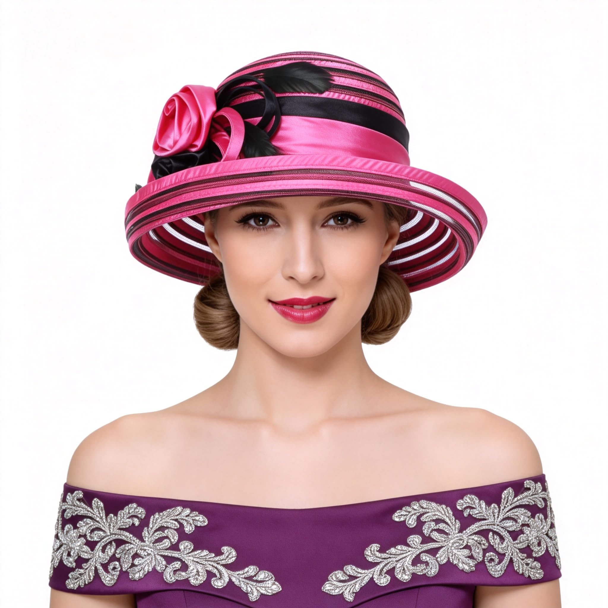 Ruphedy Chapeau de Soleil Kentucky en Satin pour Femme Motif église de Style Derby Mariage Bord Large - - Taille M