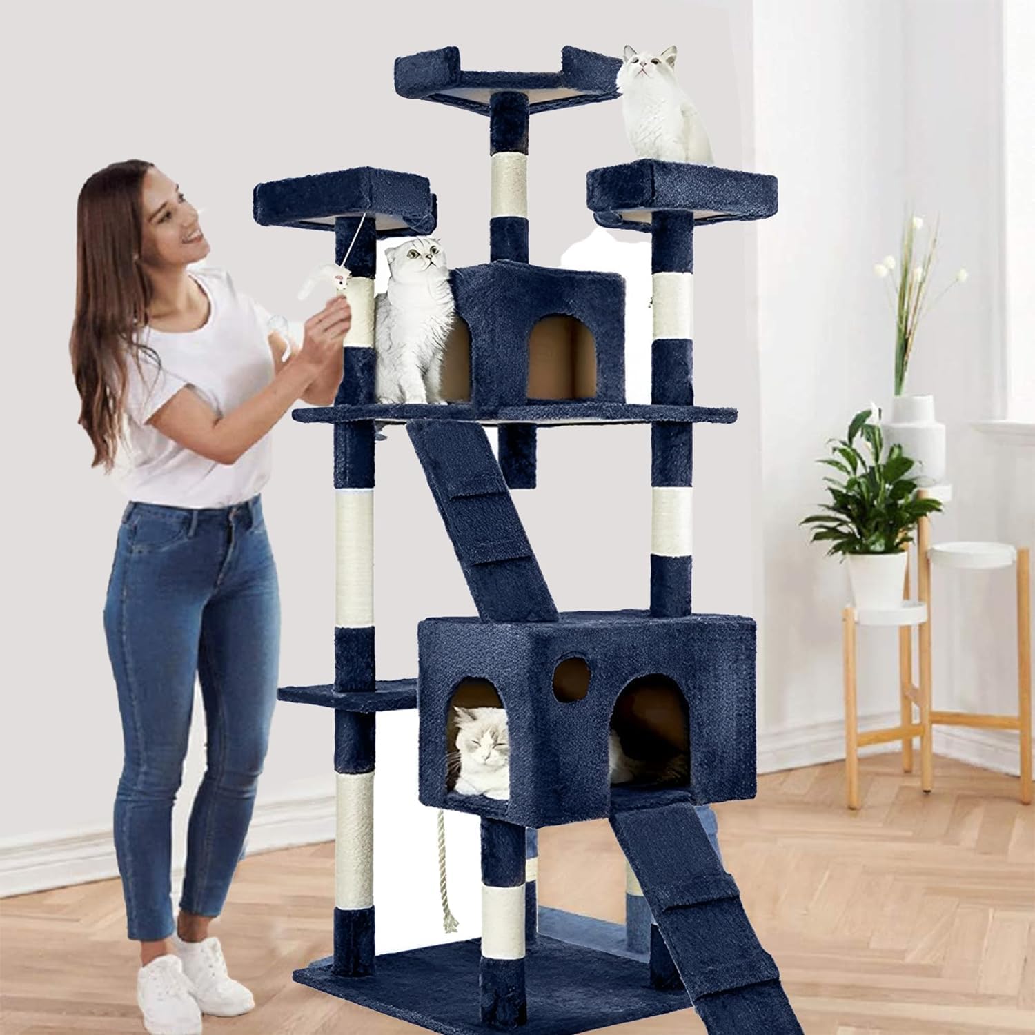 Cat Tree Tower 170cm for Indoor Cats – Multi-Level Cat Condo with Sisal Scratching Posts, Ladder, Cozy Cat House & Resting Platforms – Sturdy Design (large cat tree)