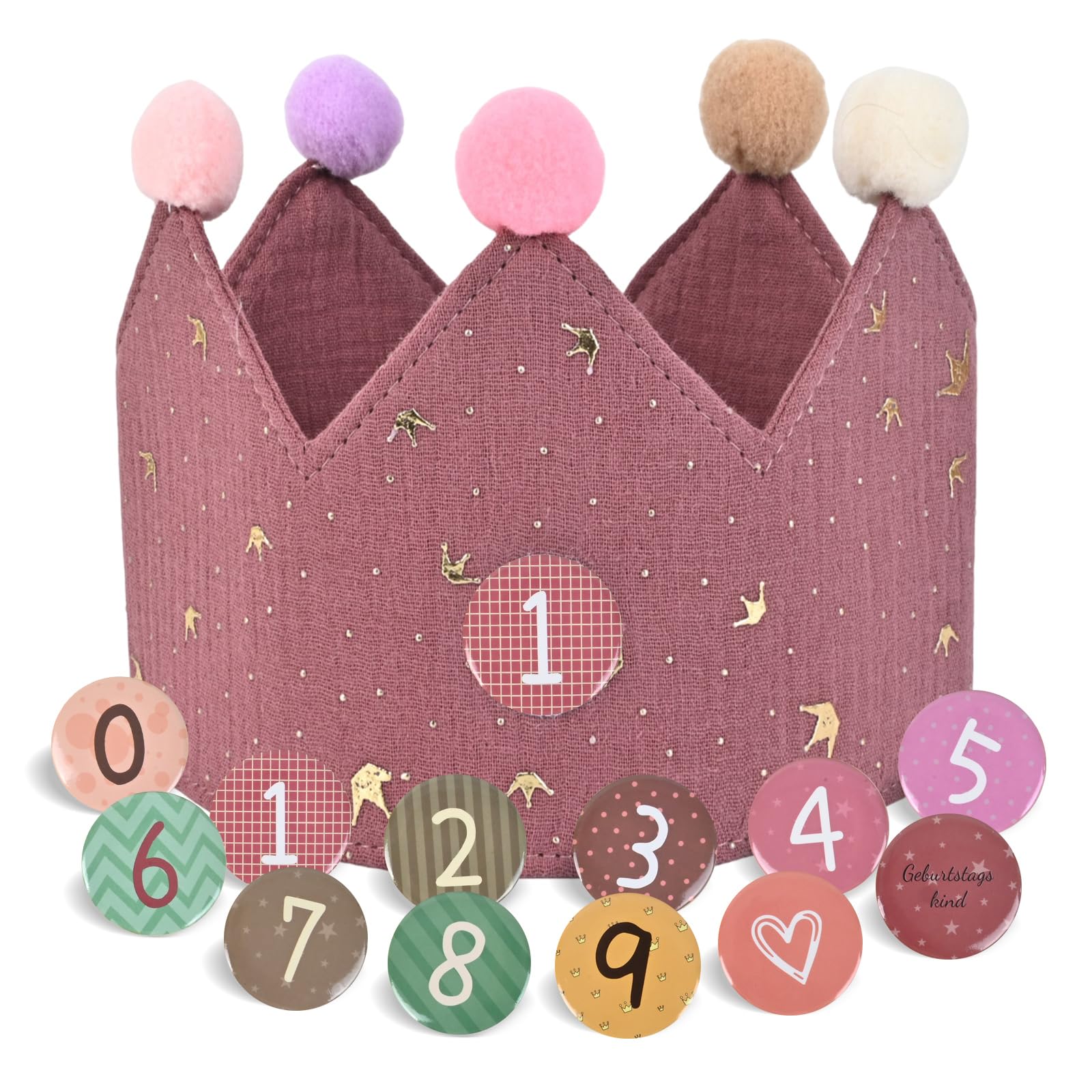 JOYUE Geburtstagskrone für Kinder, Geburtstagskrone aus Stoff mit Klett-Buttons Auswechselbaren Zahlen von 0-9, Unisex Krone für Kinder Geburtstag Party Supplies (Karminrot)
