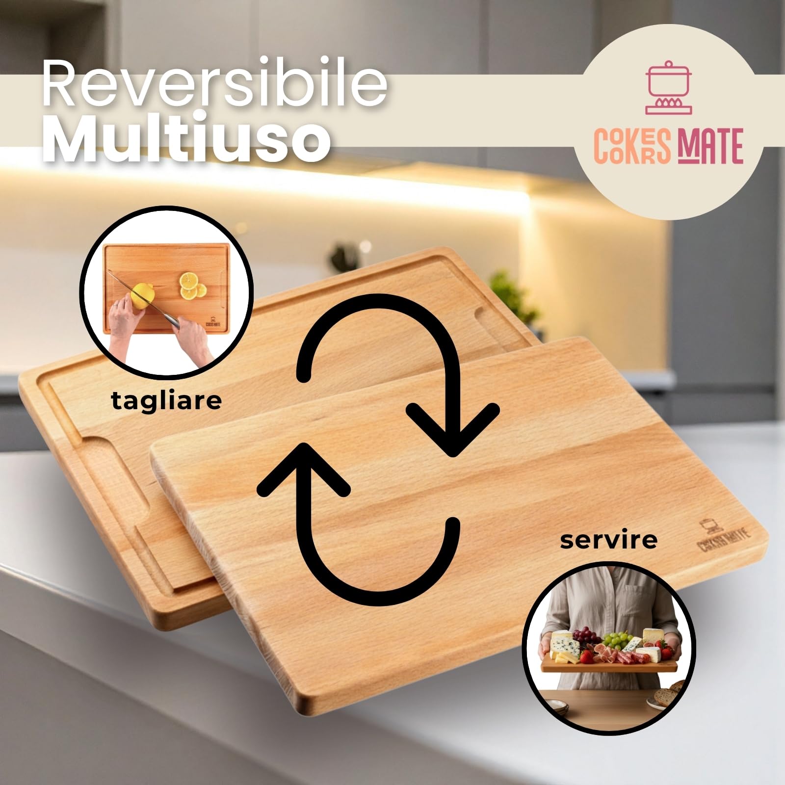 COOKERS MATE tagliere legno grande, tagliere cucina, cutting board, chopping board, reversibile con scanalatura, dimensioni XL 40x28cm, igienico e resistente. taglieri legno professionali