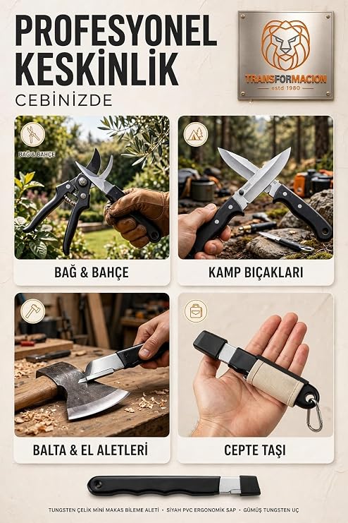 Transformacion Tungsten Çelik Mini Makas Bileme Aleti Ergonomik PVC Saplı Taşınabilir Bağ Bahçe Budama Makası Kamp Bıçağı Baltası Cep Bileyicisi Koruyucu Kapaklı El Bileyici 723522