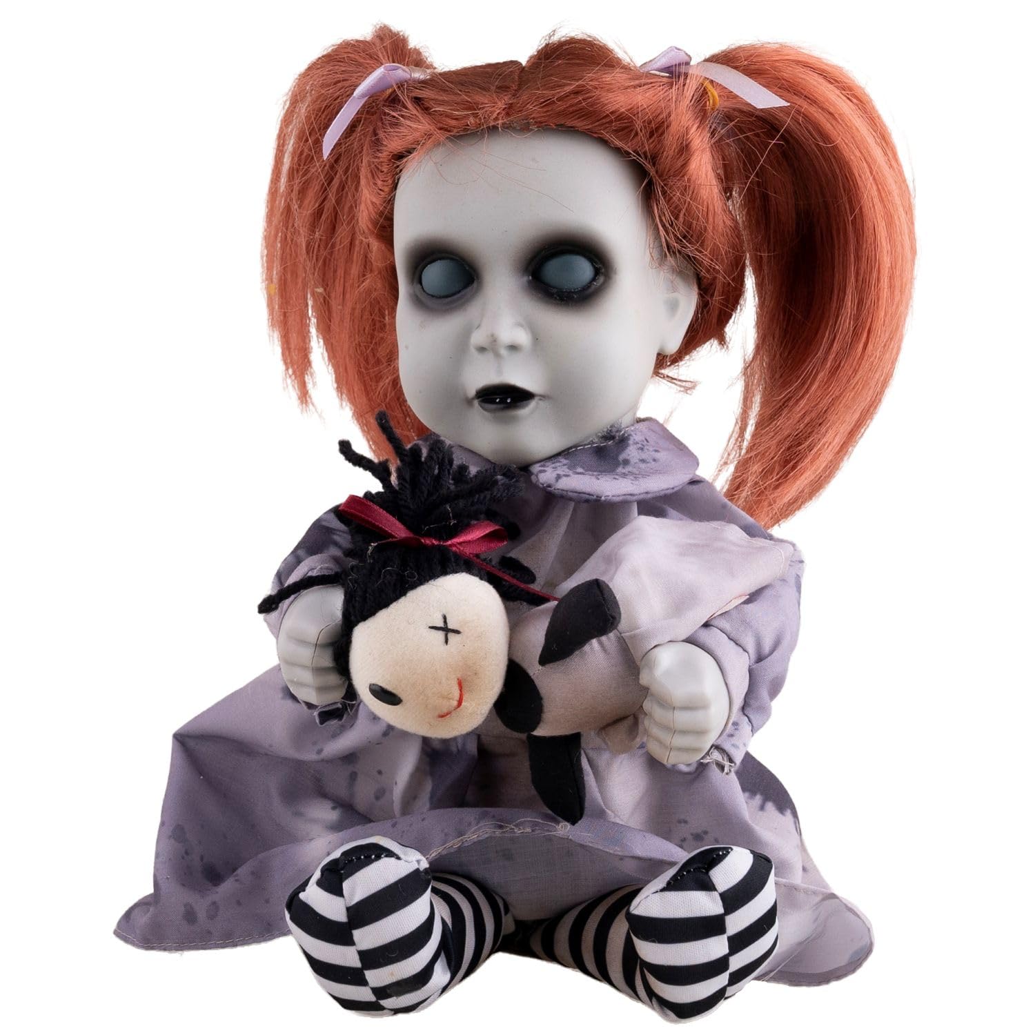 Funny Fashion Halloween Dekofigur „Geisterpuppe mit Teddybär“ 26 cm | Animiert mit Licht & Sound | Grusel Tischdeko